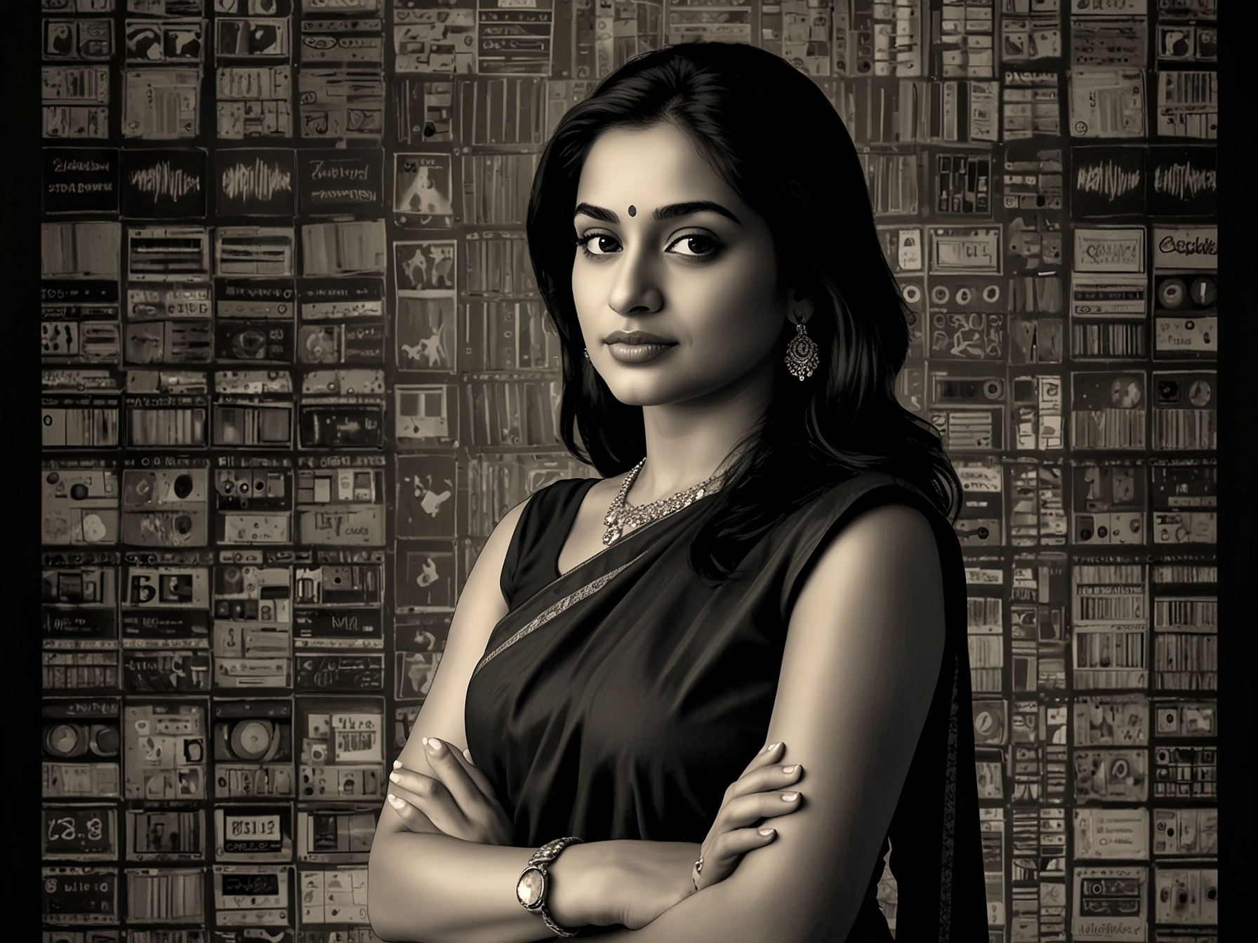 A portrait of Divya Prabha, confidently standing in front of a backdrop of film reels and social media icons, symbolizing her journey through fame and scrutiny.