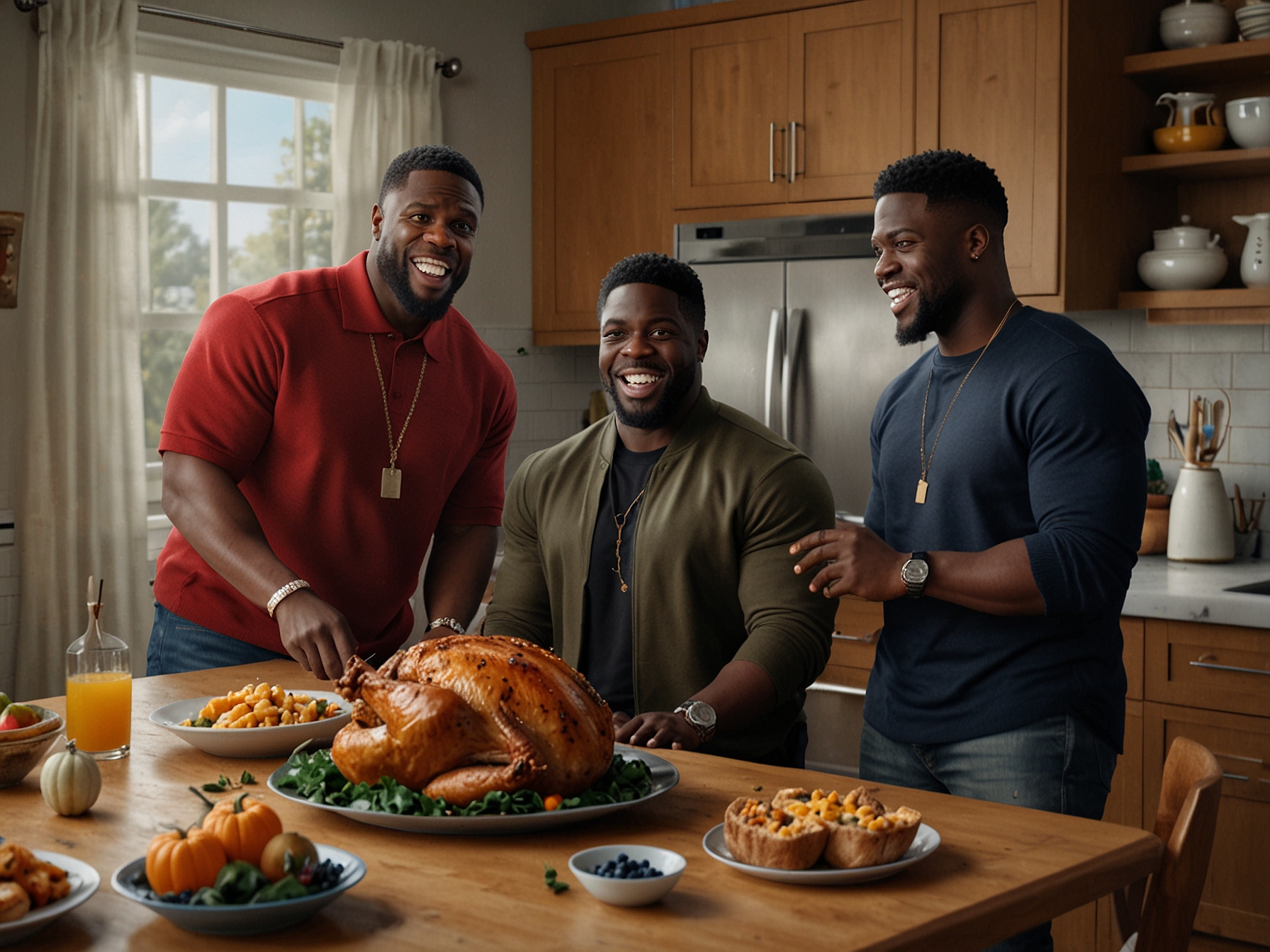 A lively Thanksgiving scene featuring Kai Cenat, Kevin Hart, and Druski in a kitchen with turkey mishaps, showcasing their fun and comedic interactions while preparing for the Mafiathon 2.