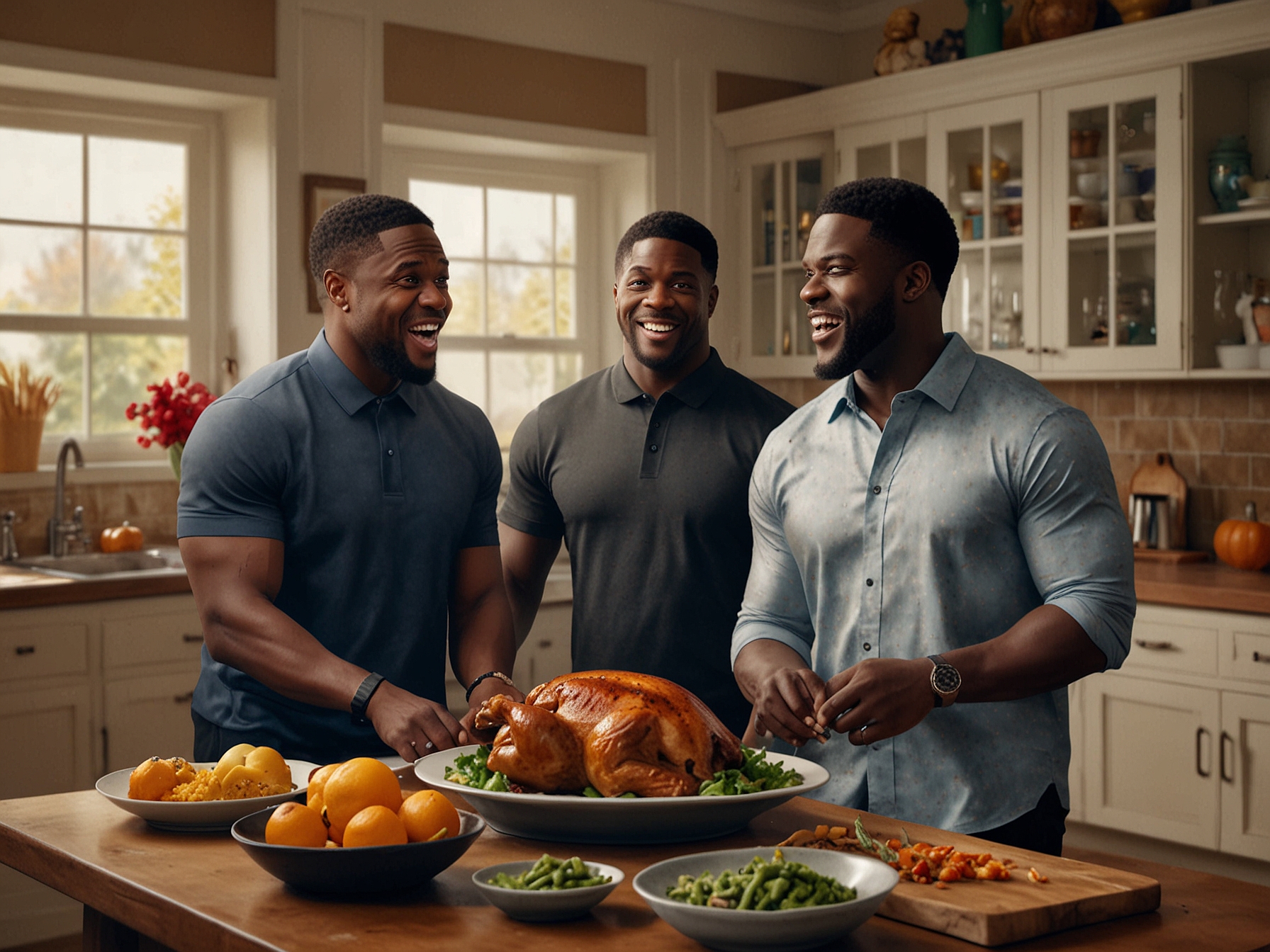 The trio Kai Cenat, Kevin Hart, and Druski laughing together in a cluttered kitchen, surrounded by Thanksgiving decorations, capturing the spirit of friendship and holiday chaos.