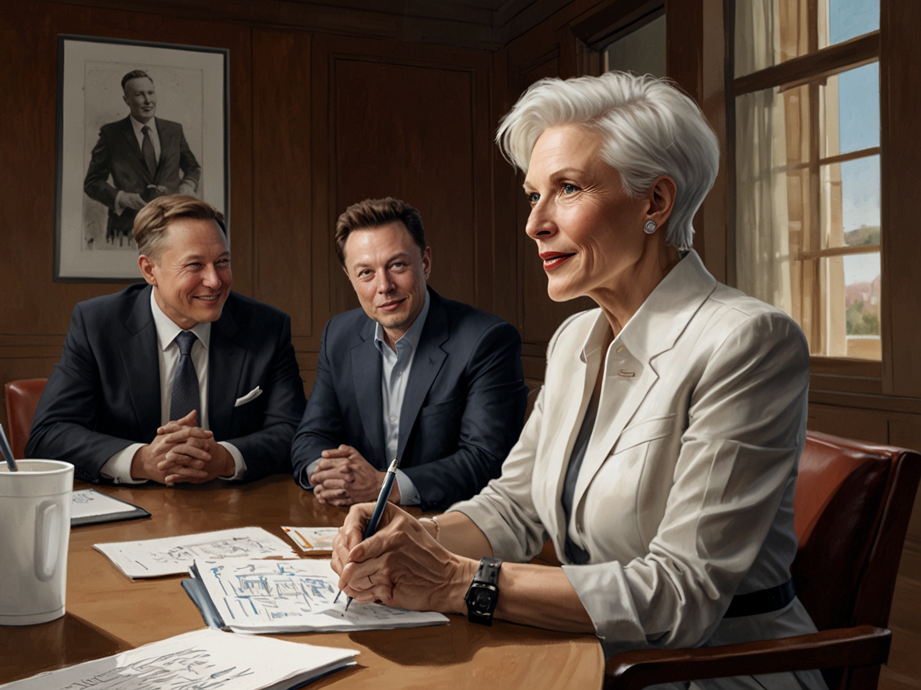 A candid moment of Maye Musk and Elon Musk engaged in a discussion, surrounded by government officials, showcasing their dynamic and mutual respect as they brainstorm ideas for efficiency.