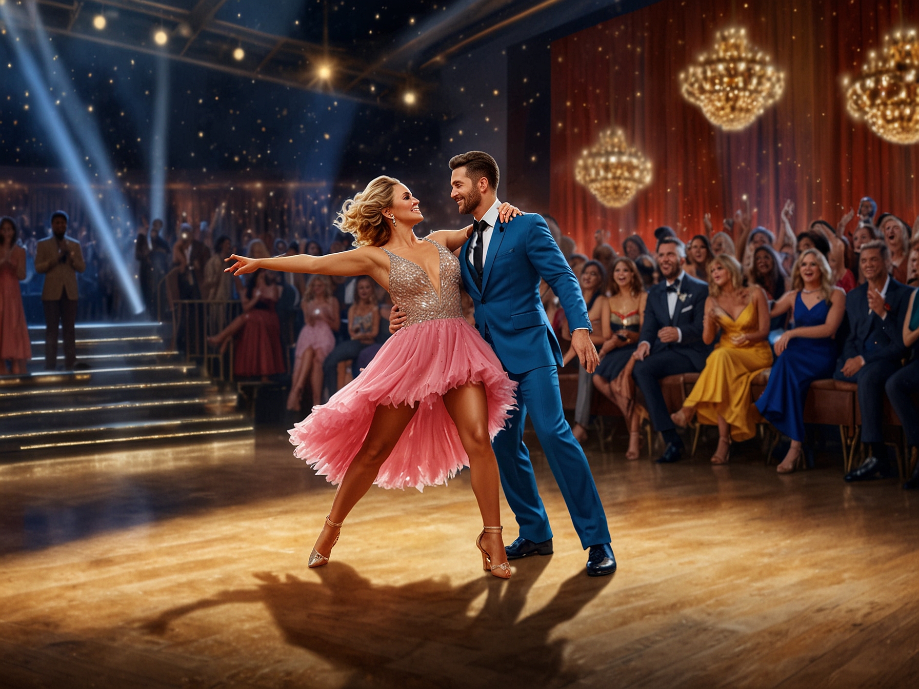An energetic dance-off at the Dancing with the Stars Season 33 finale, featuring colorful costumes and an enthusiastic audience, capturing the intense emotions of the performances.