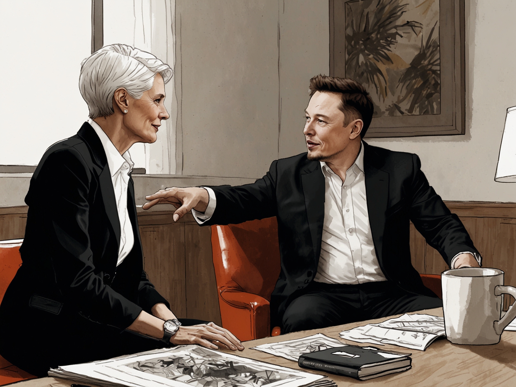 Elon Musk presenting a vision for the Department of Government Efficiency amidst a backdrop of empty government buildings, highlighting the need for resource optimization.