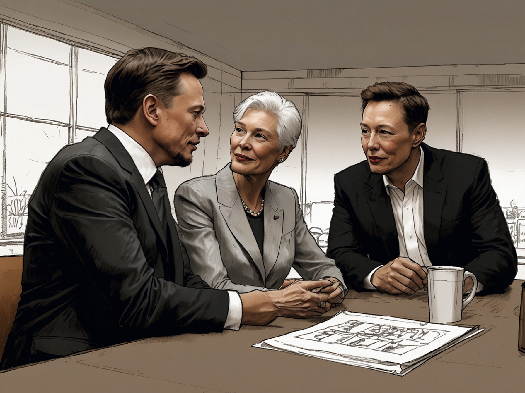 Maye Musk smiling proudly as she listens to Elon Musk speak passionately about innovation and government reform during a meeting.