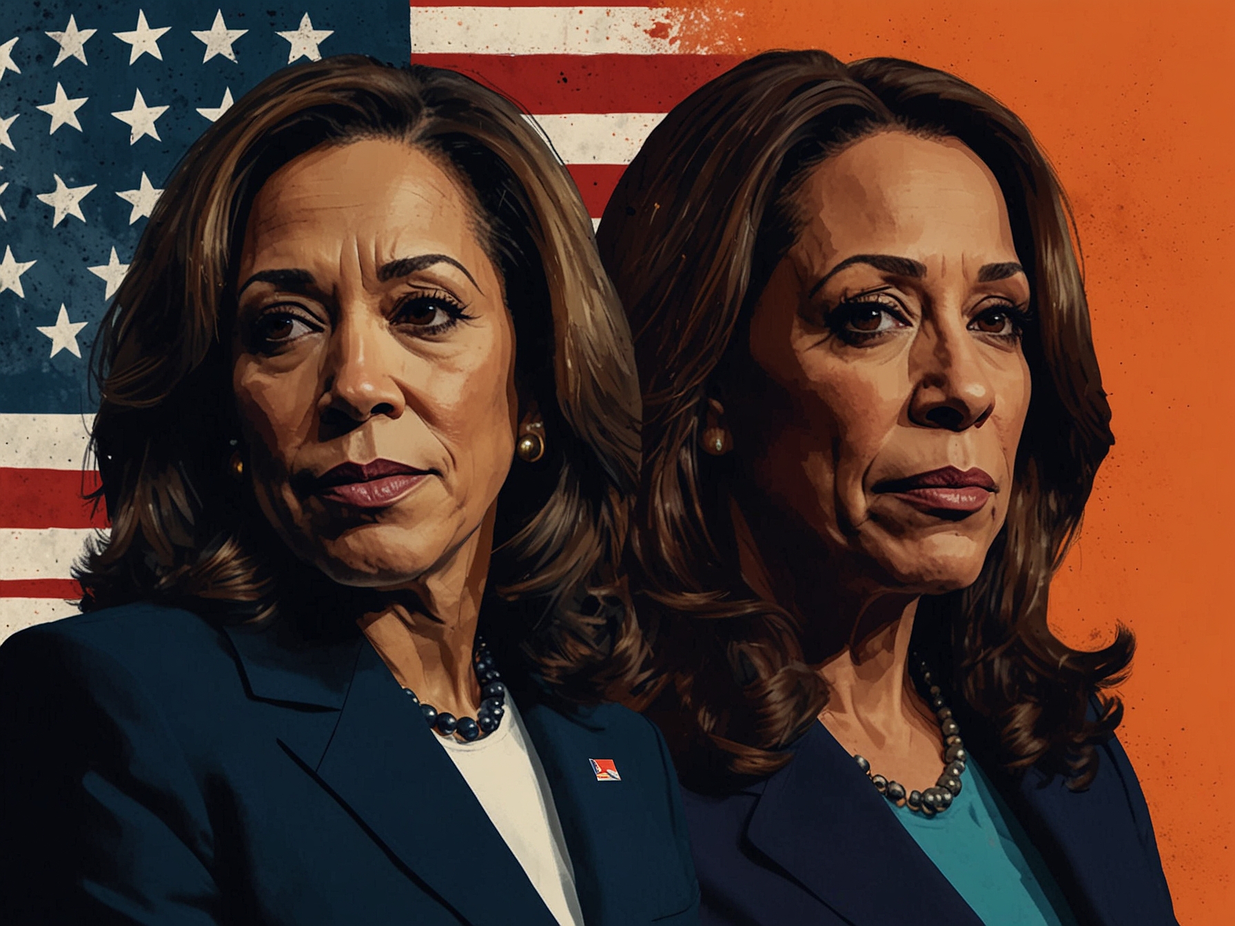 A split-image collage featuring Kamala Harris and Joe Rogan, highlighting the intersection of politics and podcasting, with vibrant colors reflecting the tension of their respective campaigns.
