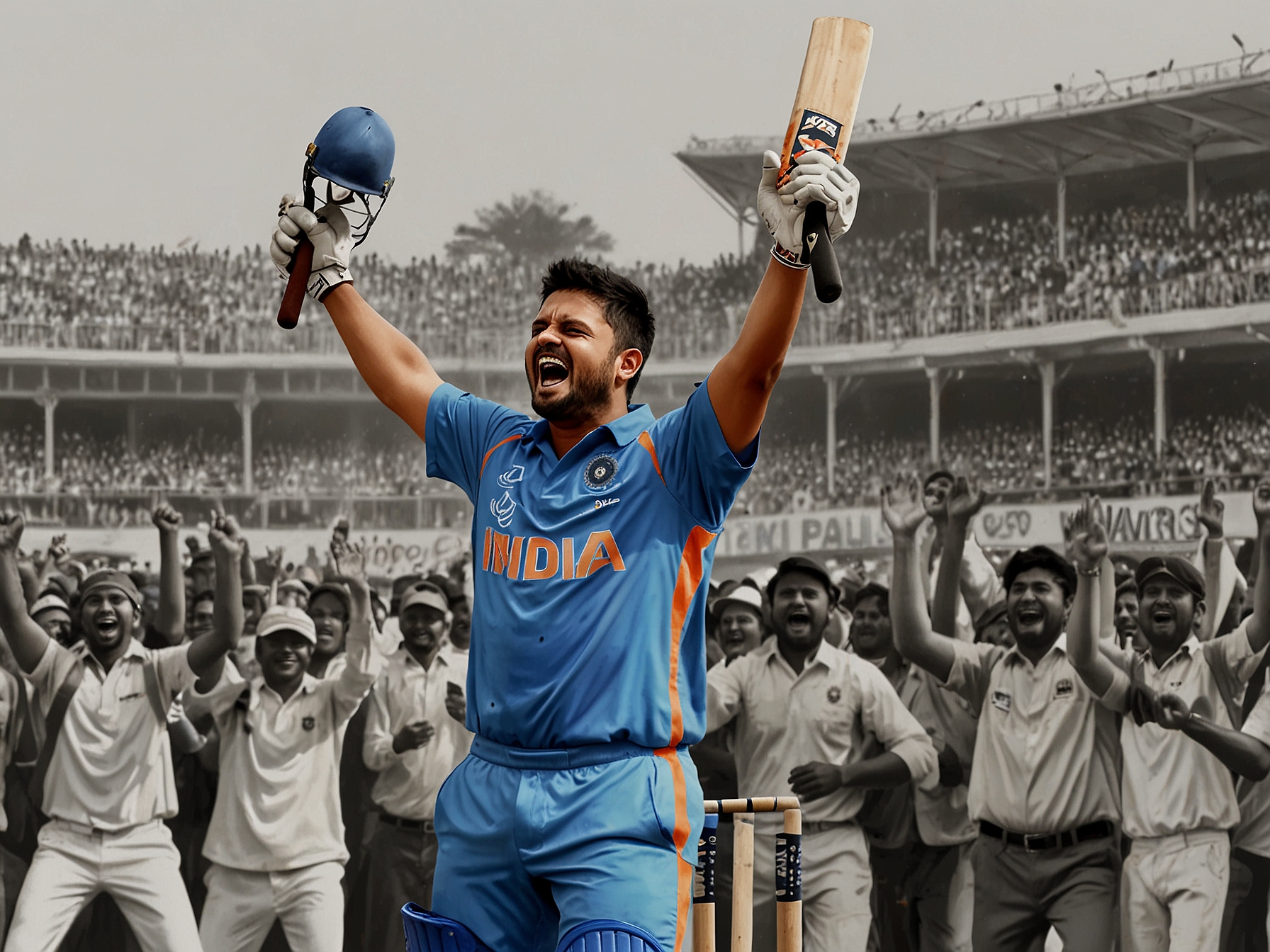 Suresh Raina celebrating a victory on the cricket field with joyous fans in the background, embodying both sportsmanship and excitement.