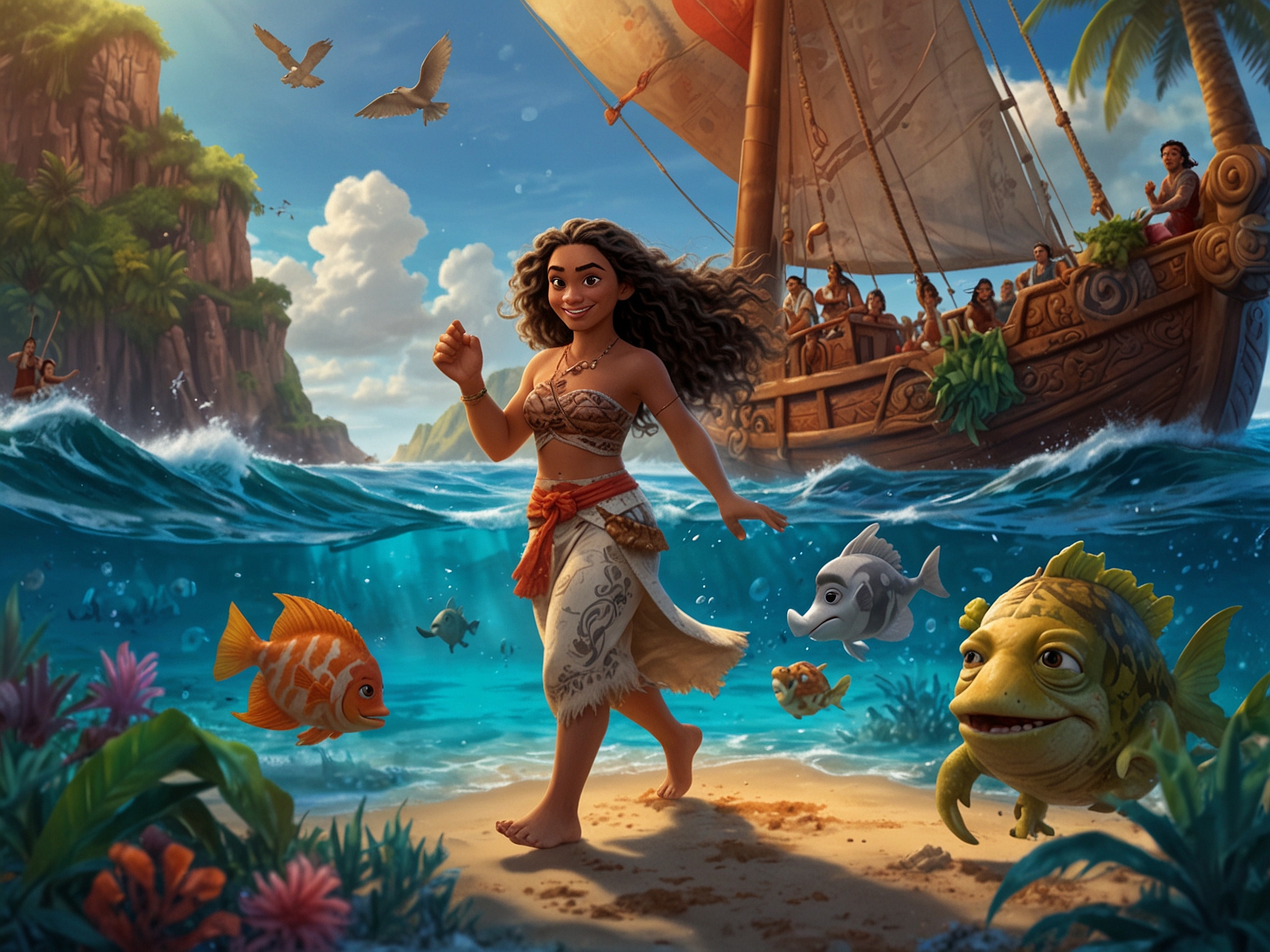 An illustration showing Moana sailing on a vibrant ocean, surrounded by familiar characters like Pua and Hei Hei, indicating the nostalgic yet repetitive adventure of Moana 2.