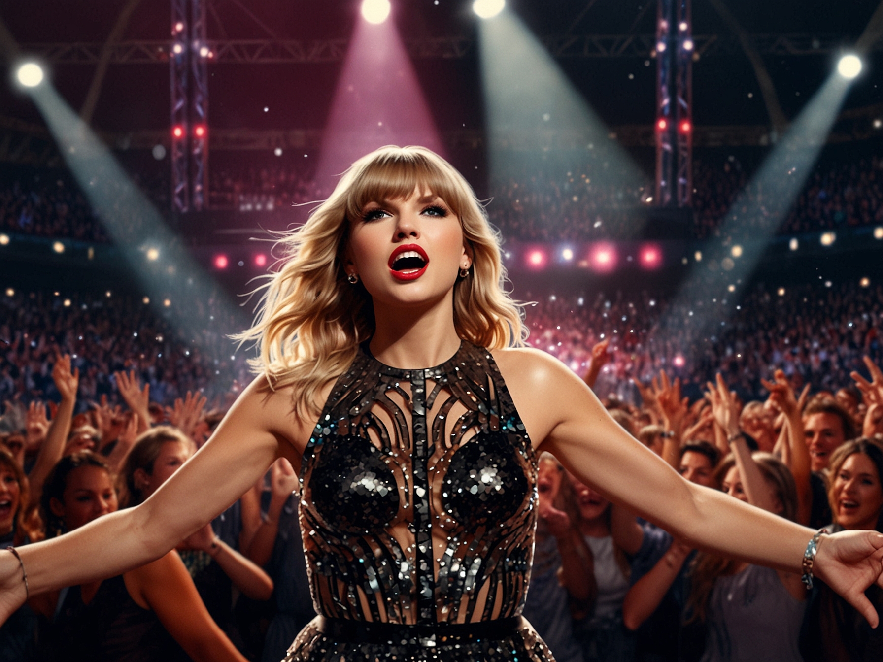 An eye-catching graphic showing Taylor Swift performing live on stage during her Eras Tour, surrounded by vibrant lights and an enthusiastic crowd, embodying her musical journey and cultural significance.
