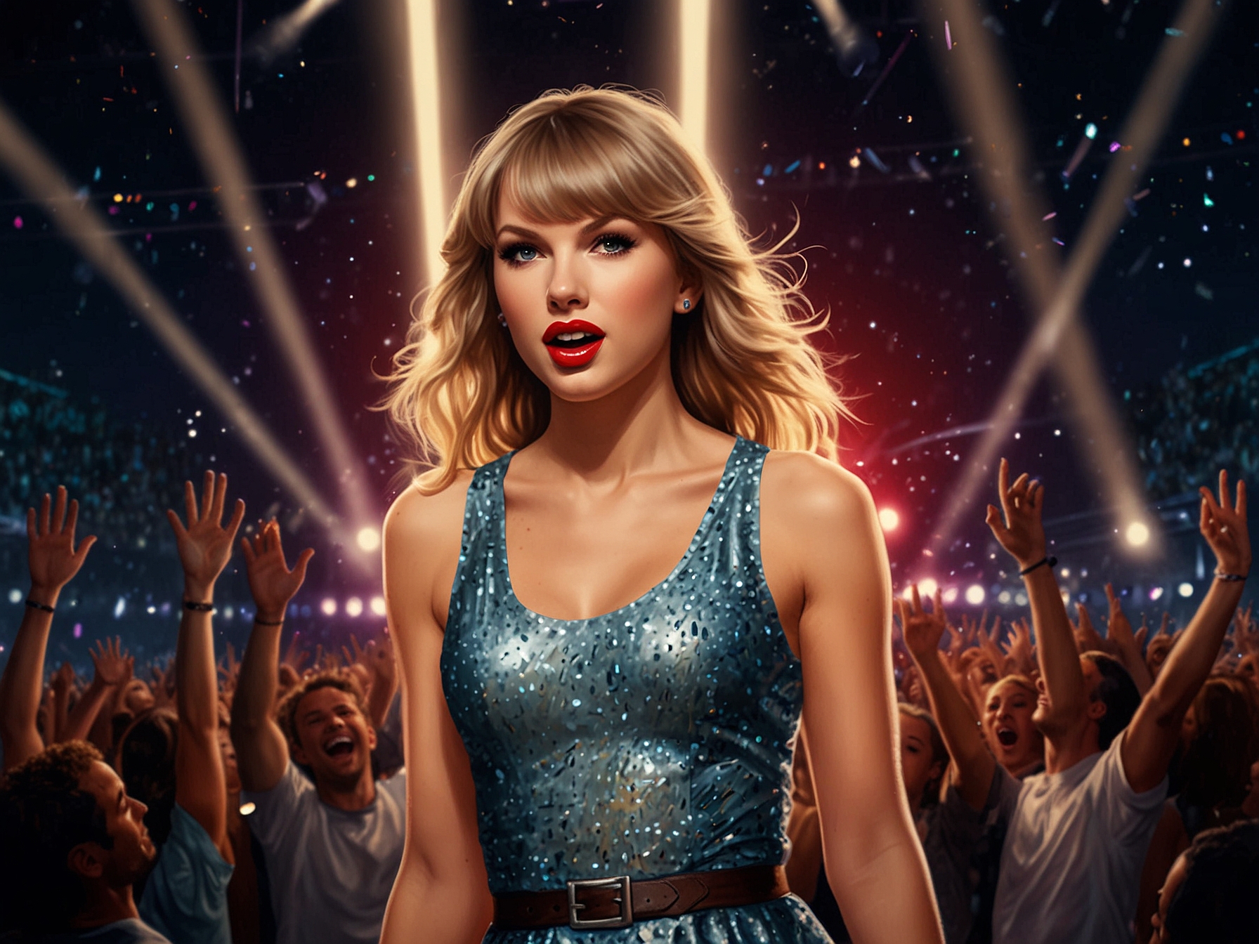 A visual representation of the Billboard ranking list, emphasizing Taylor Swift's position at No. 2, with fan reactions and social media discussions illustrated in the background.
