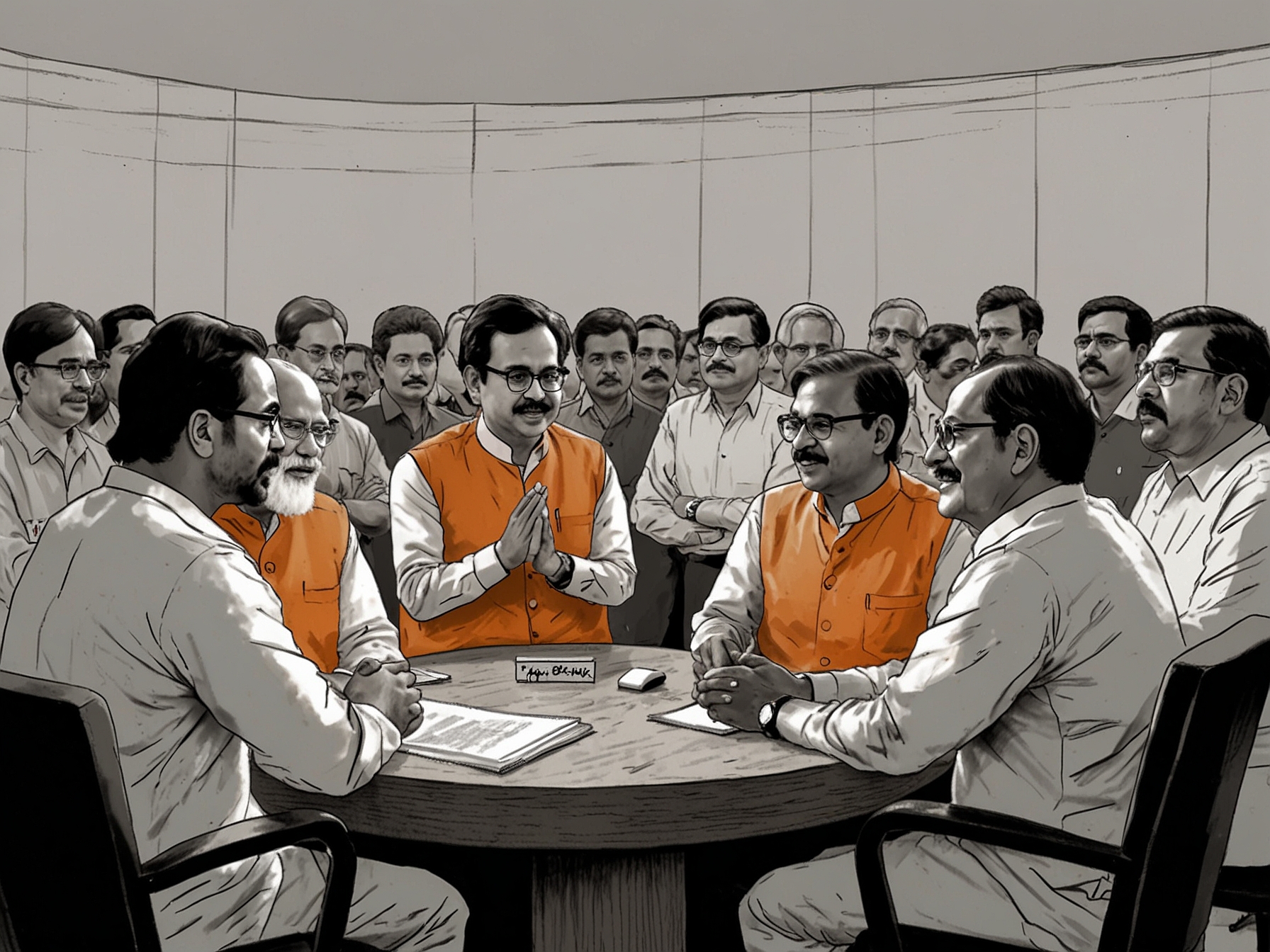 A tense political meeting in Maharashtra, showcasing leaders from BJP and Shiv Sena engaged in discussions, symbolizing the ongoing power struggle and negotiations for chief ministership.