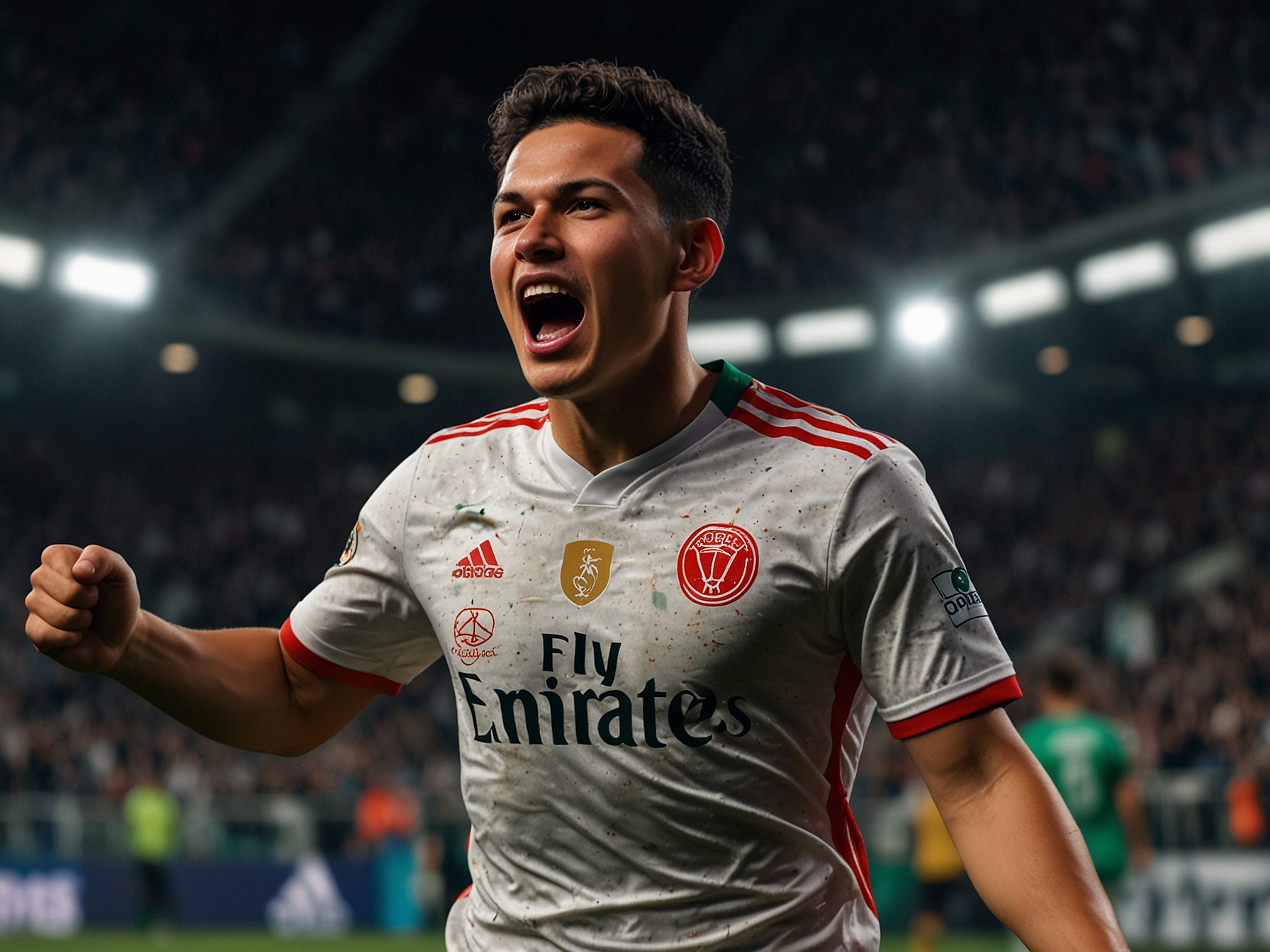 An action shot of Gabriel Martinelli celebrating after scoring the opening goal against Sporting Lisbon in the Champions League, with fans cheering in the background.