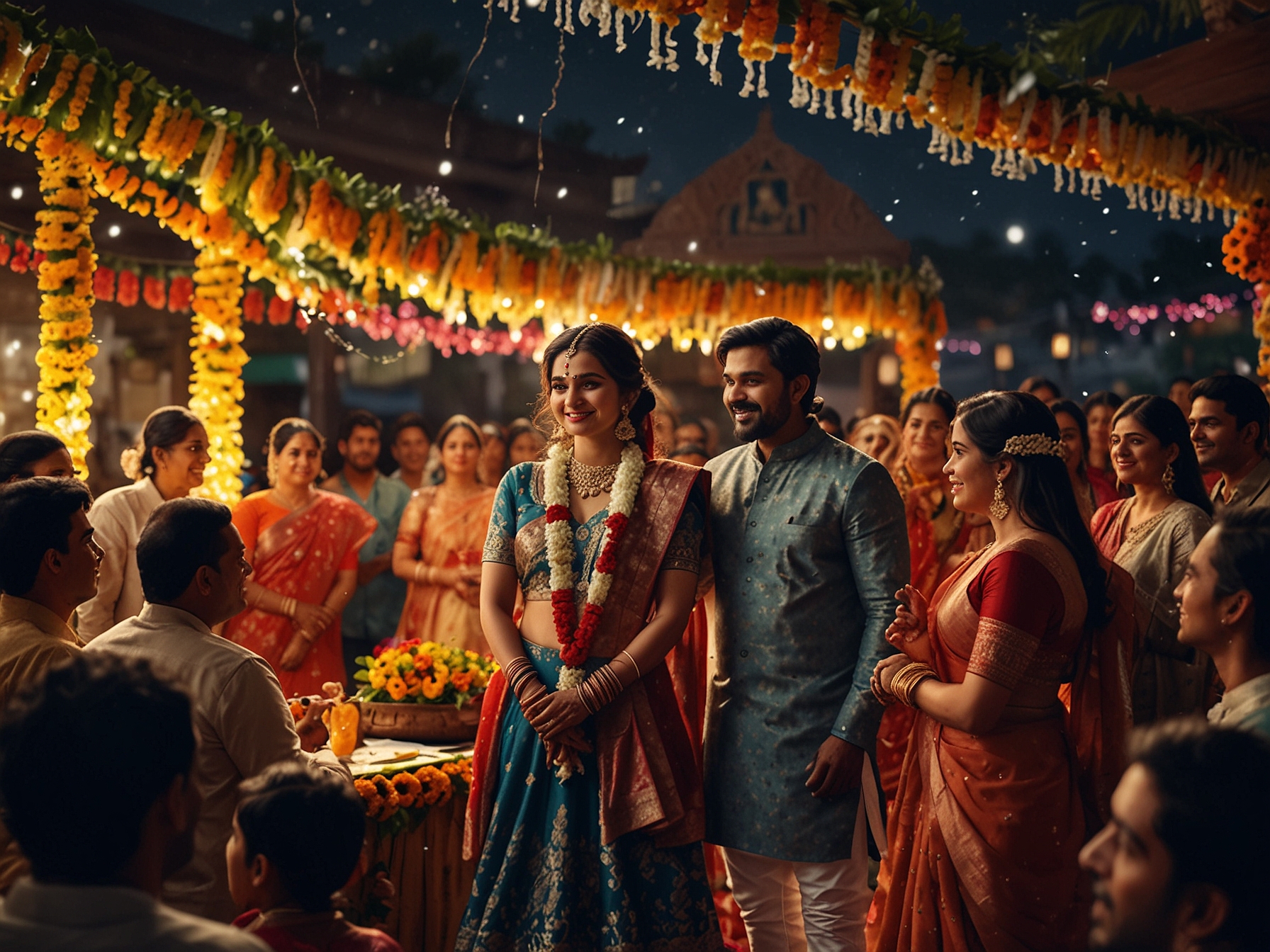 A breathtaking scene from the wedding ceremony of Malhar Thakar and Puja Joshi, showcasing the couple in stunning traditional attire surrounded by family and friends amidst vibrant decorations.
