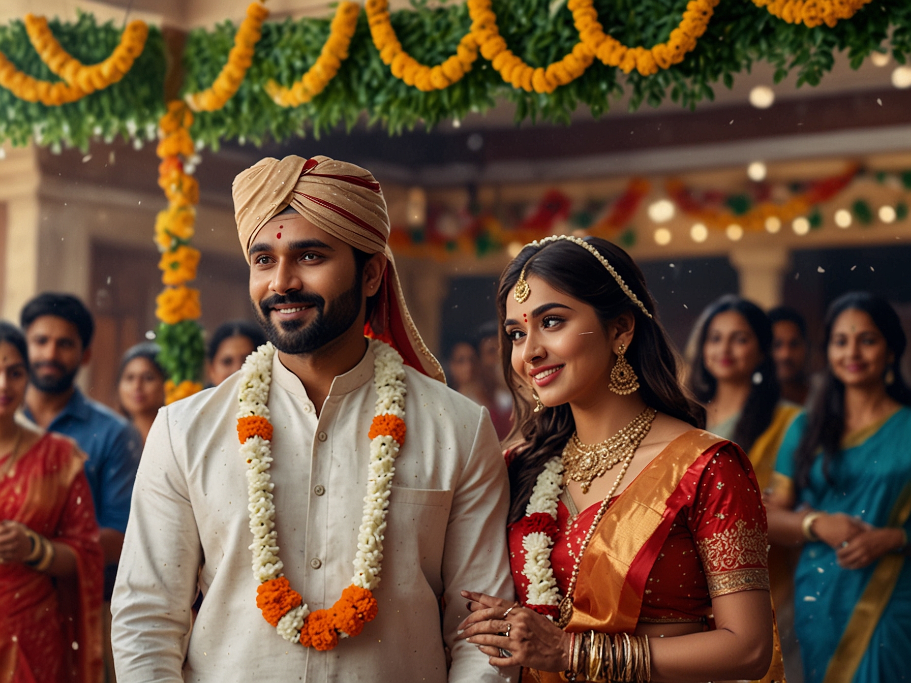 An emotional moment where Malhar and Puja exchange vows, illuminated by soft candlelight, encapsulating the deep connection and love they share in front of their loved ones.