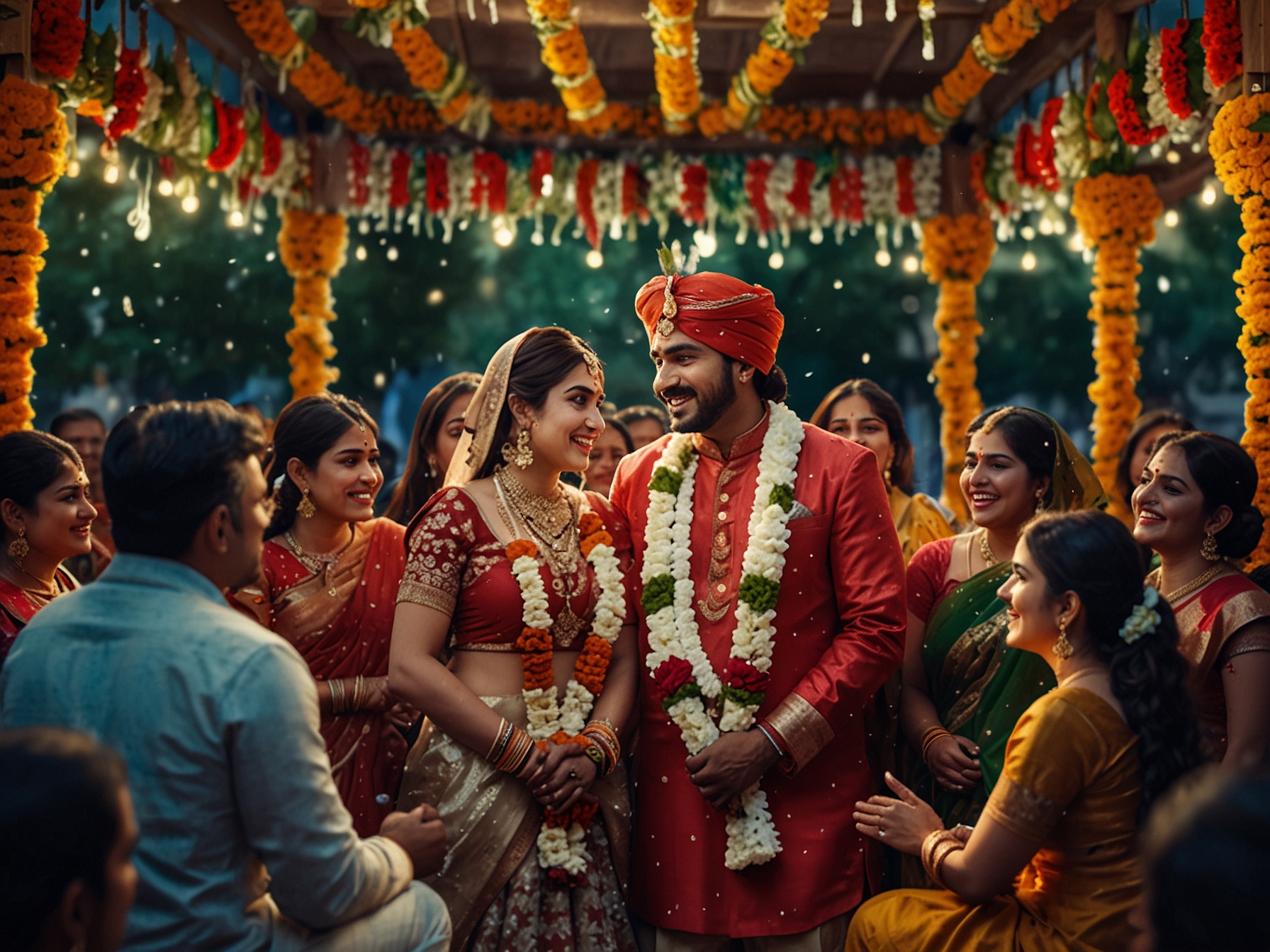 Guests celebrating joyously at the wedding reception of Malhar and Puja, with colorful lights, traditional music, and laughter creating an enchanting atmosphere of togetherness.