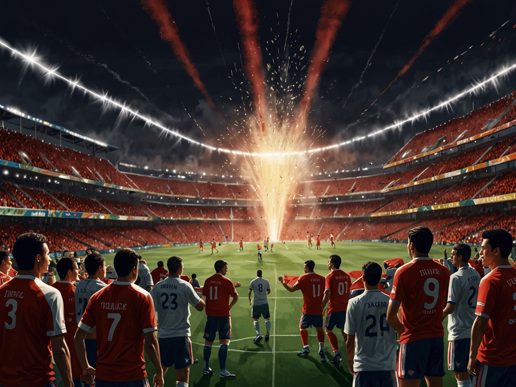 A dynamic scene capturing the intensity of a Liga MX quarter-final match between América and Toluca, showcasing players in action, the electrifying crowd, and banners displaying team pride.