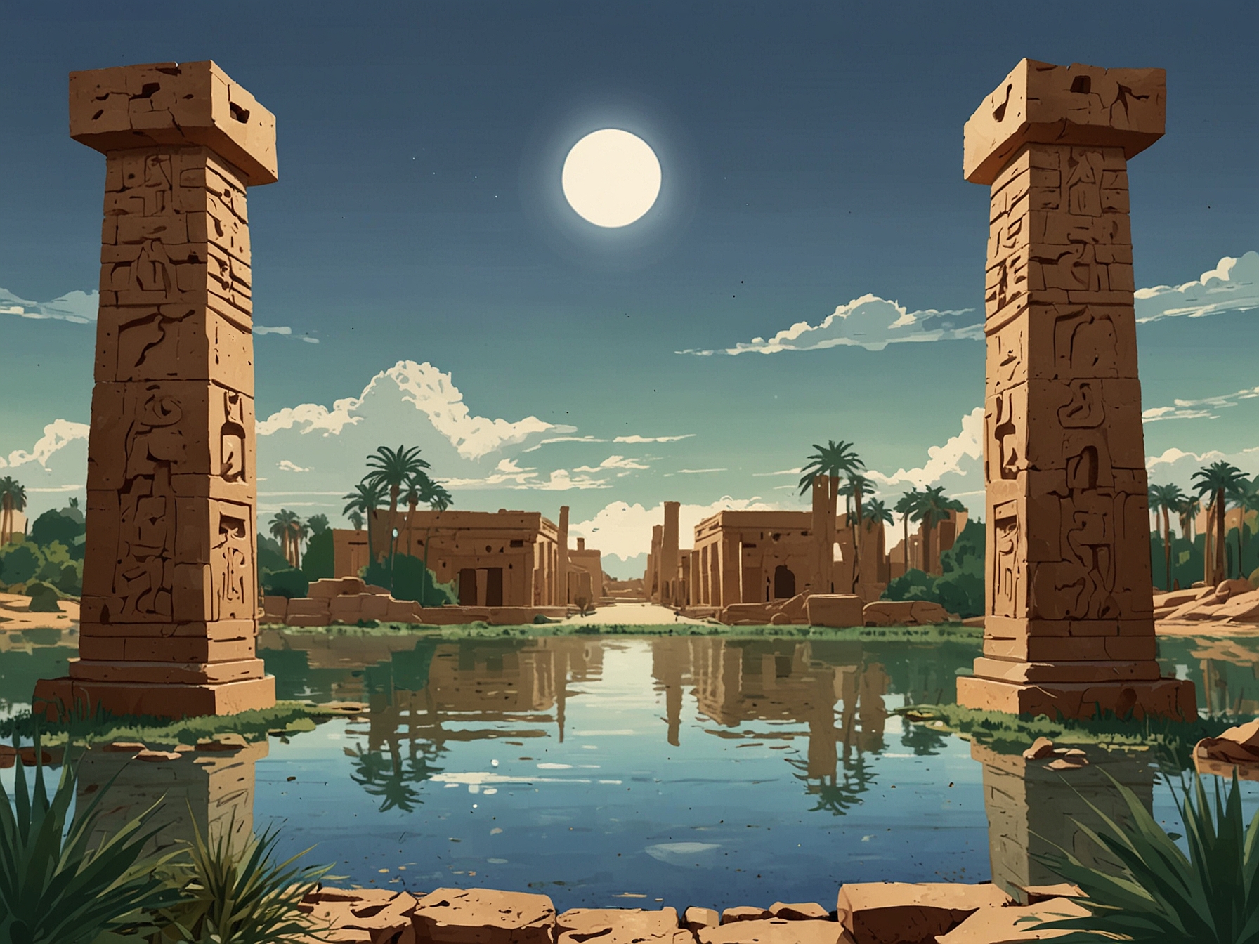 A serene view of the Sacred Lake at Karnak Temple, surrounded by ancient stone structures and lush greenery, reflecting the sky above, invoking a sense of spirituality and history.