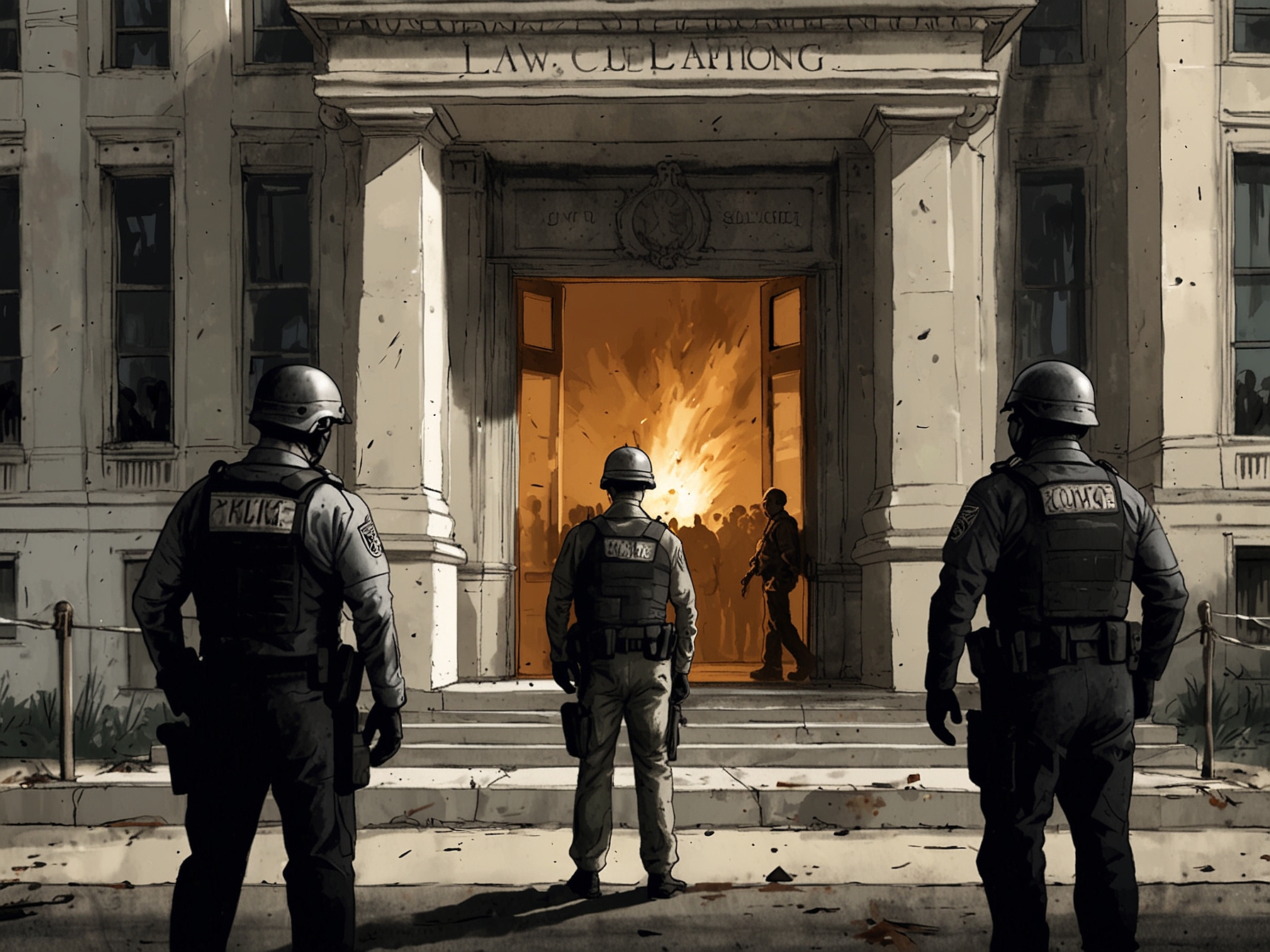 An illustration depicting law enforcement officials responding to a bomb scare outside a government building, highlighting the tension during political transitions.