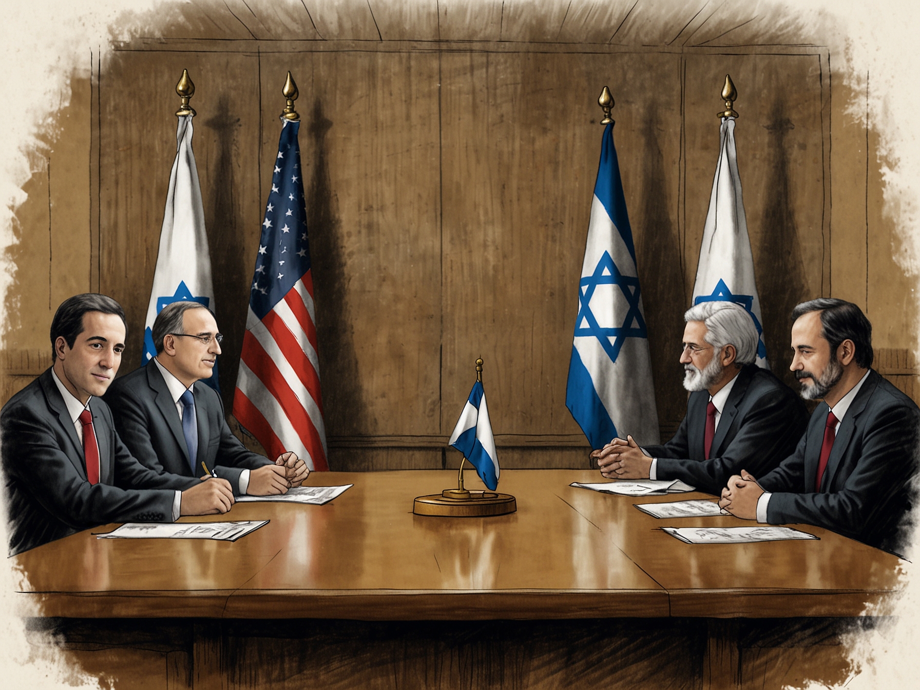 A group of diplomats gathered around a negotiation table, with flags of Israel and Hezbollah displayed in the background, symbolizing hope for peace in the Middle East amid ongoing tensions.
