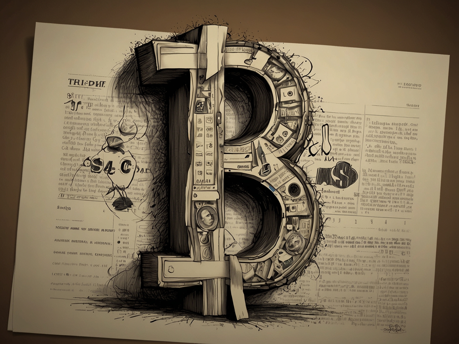 A graphical representation of a dollar sign made of legal documents, illustrating the financial burden of Trump's investigations and their costs to taxpayers.