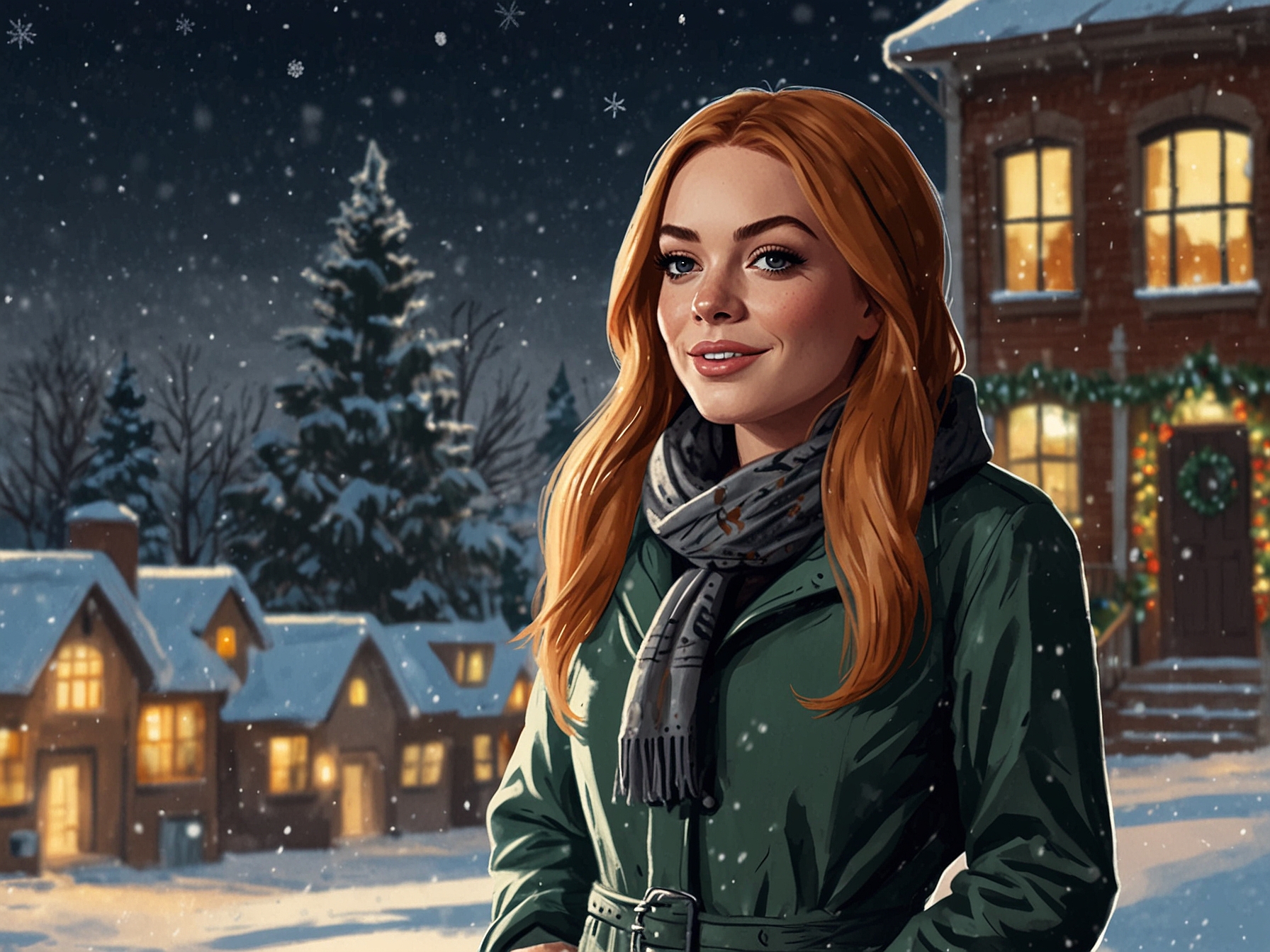 A festive scene from 'Our Little Secret' featuring Lindsay Lohan in a cozy winter setting, surrounded by holiday decorations and snow.