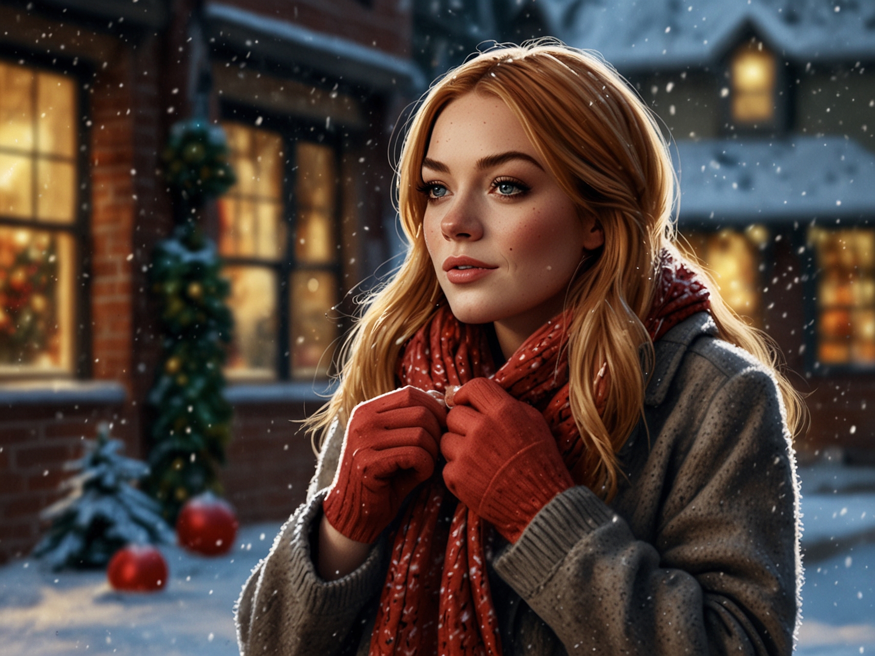 A split image showing Lindsay Lohan in a romantic moment with her on-screen co-star, conveying both awkwardness and charm within a Christmas backdrop.