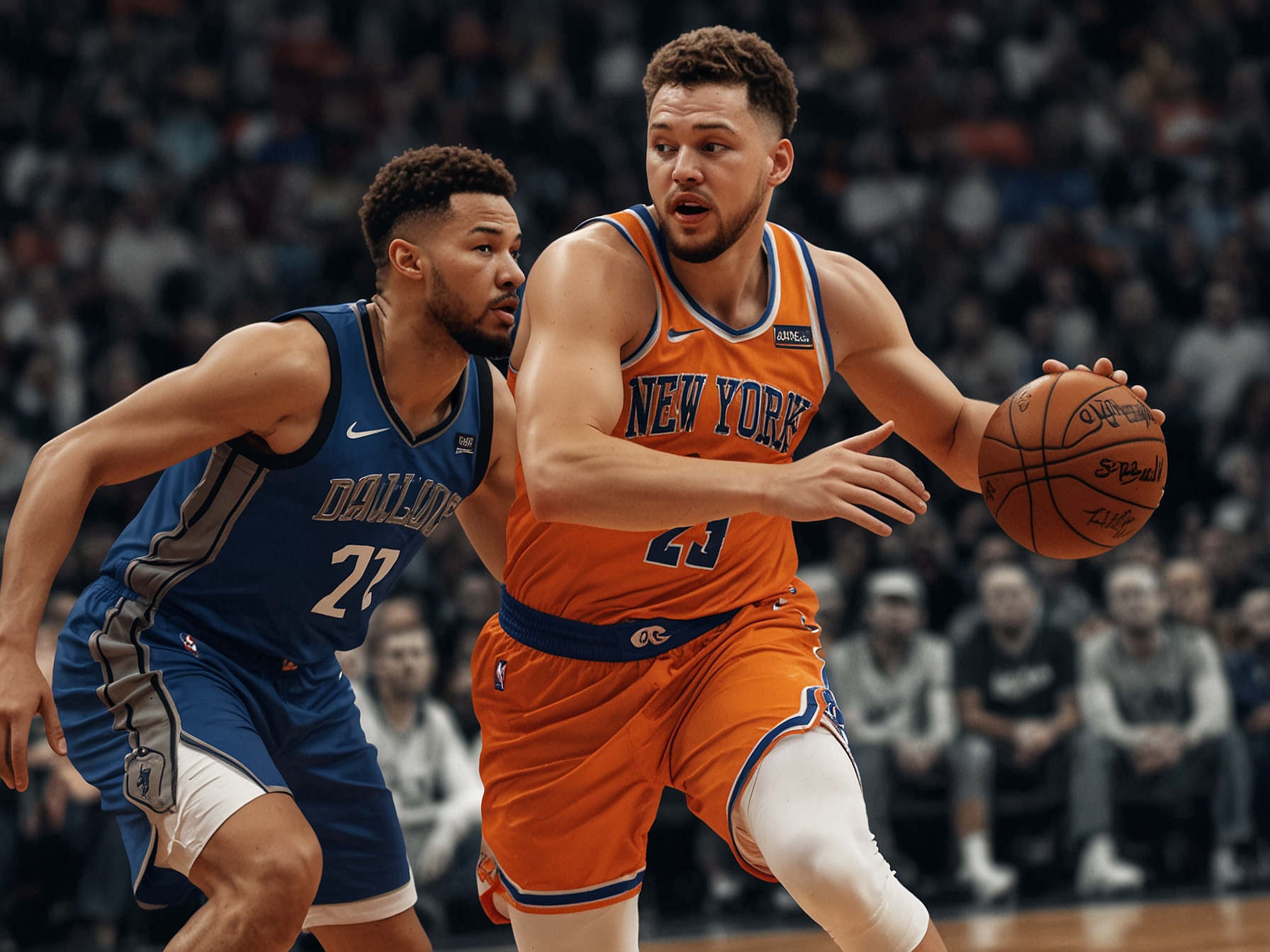 An intense NBA game scene showing the New York Knicks battling against the Dallas Mavericks, highlighting Jalen Brunson in action, with both teams showing competitive energy despite Luka Doncic's absence.