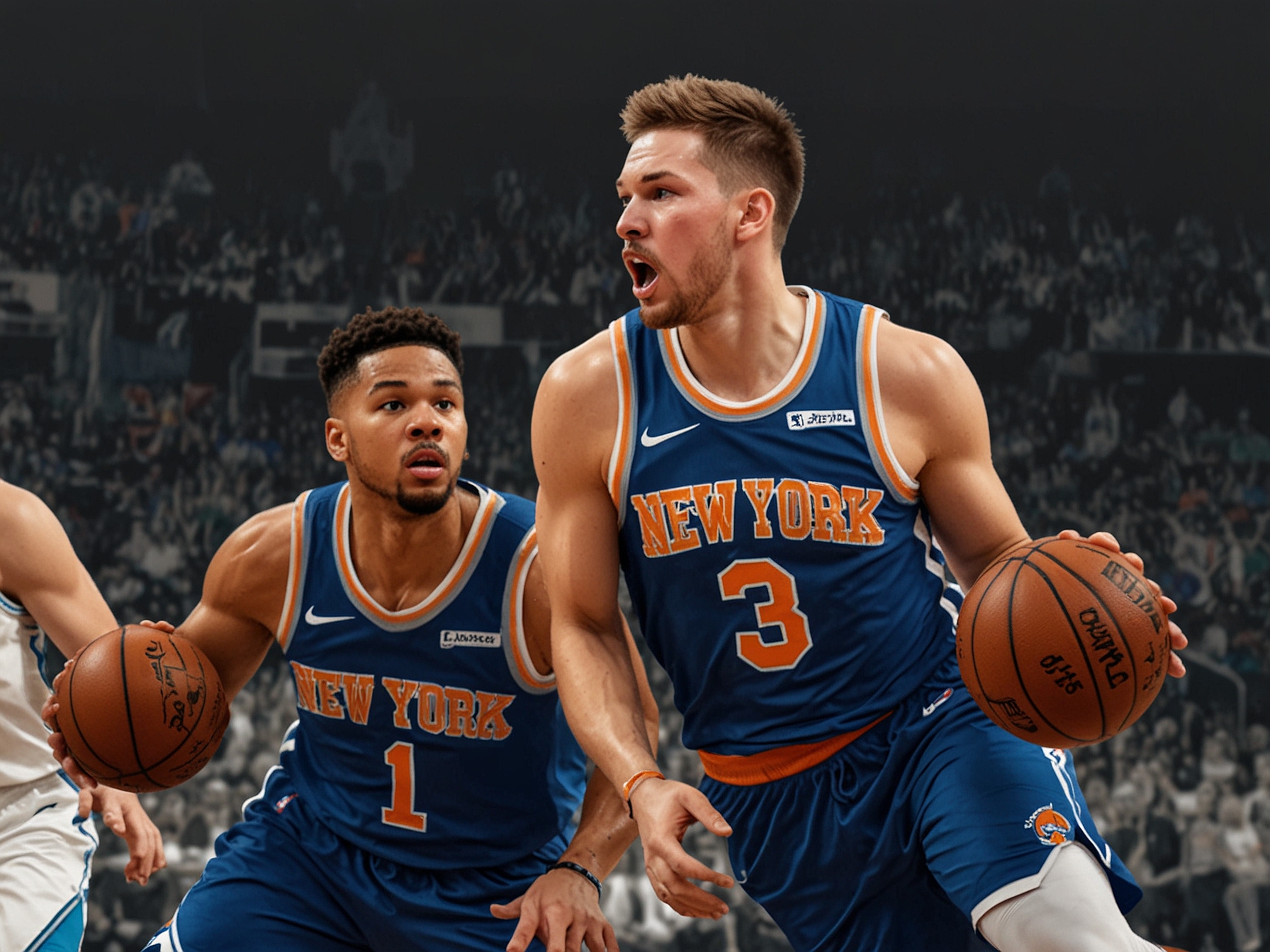 A close-up of Jalen Brunson celebrating after making a crucial basket during the game against the Mavericks, showcasing his determination and effort despite the team's overall struggles.
