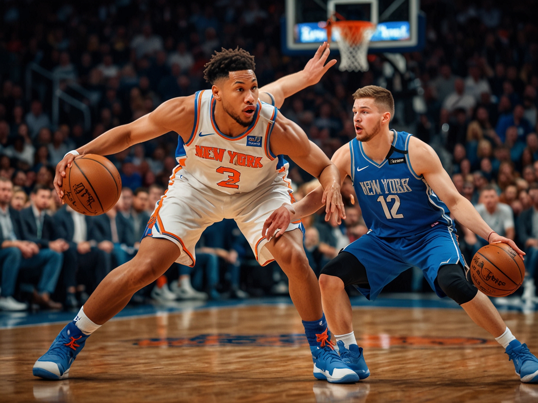 A visual representation of the final score of the Knicks vs. Mavericks game, contrasting the disappointment on the Knicks' side with the celebration from the Mavericks, emphasizing teamwork over individual talent.