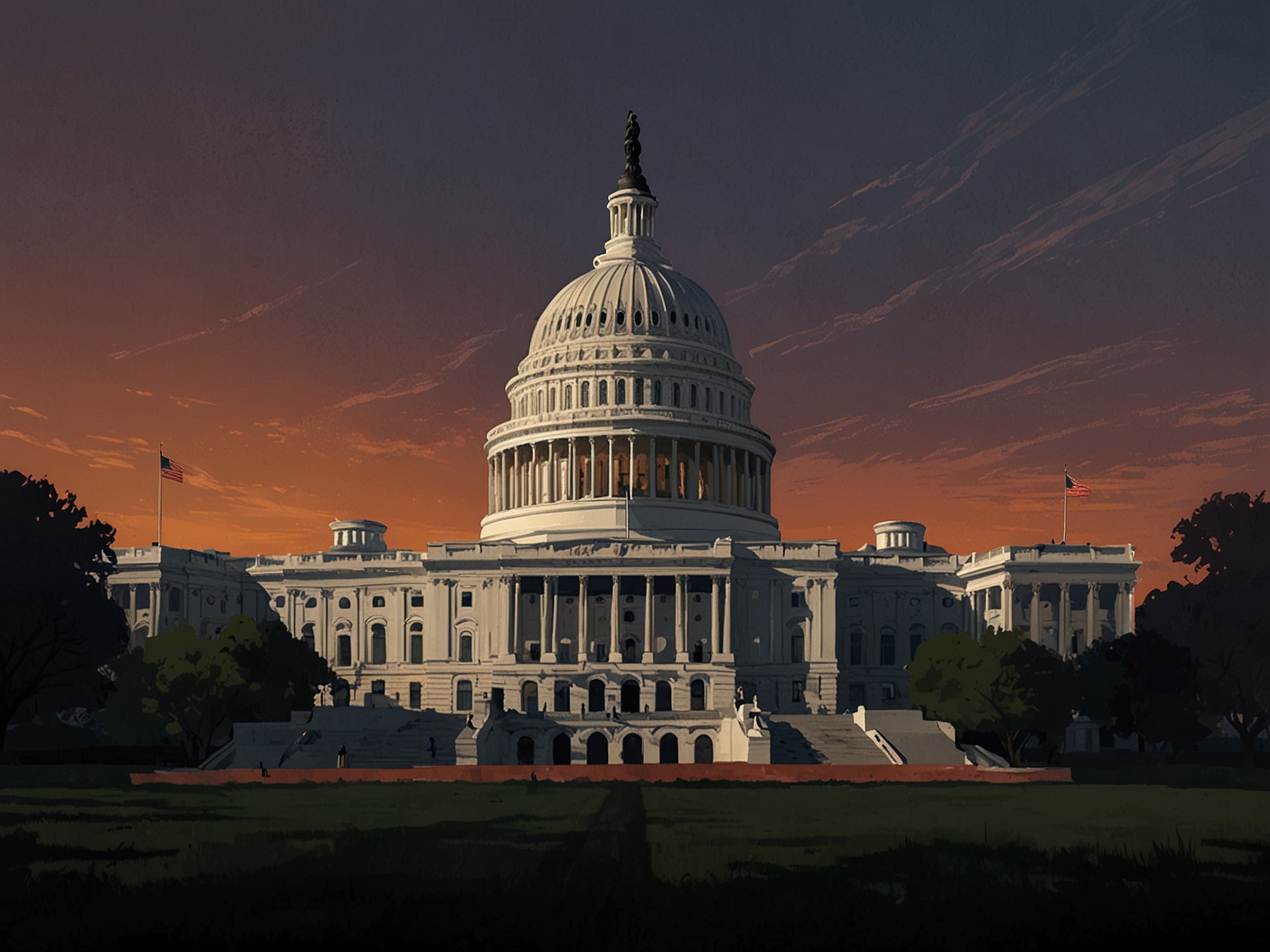 An image of the U.S. Capitol building at dusk, symbolizing political turmoil and the challenges faced by the current House majority. The structure is illuminated, casting long shadows that represent division and uncertainty in governance.