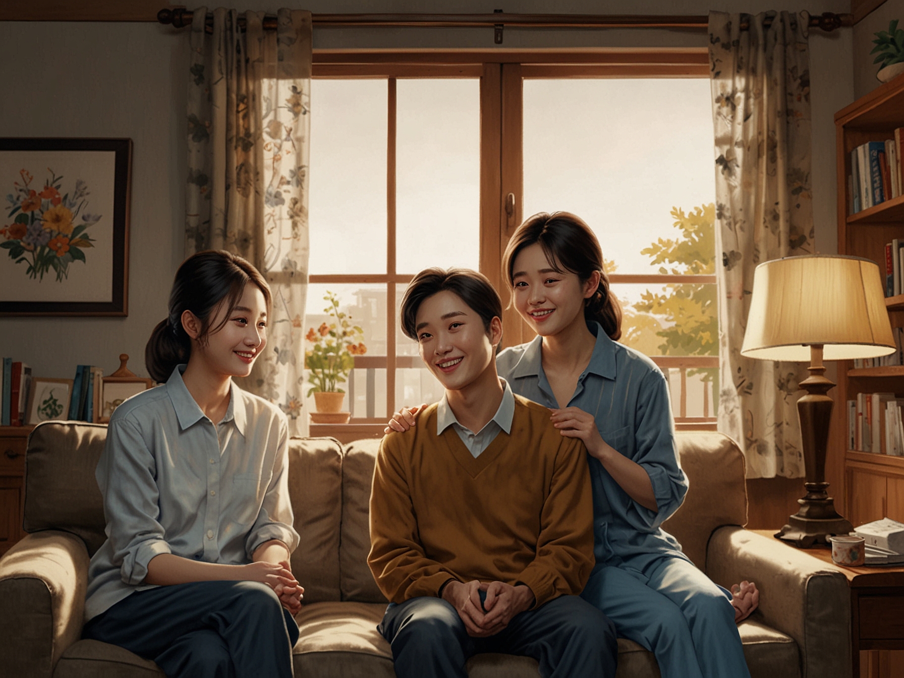 A heartwarming scene with the three main characters, Yoon Ju Won, Kim San Ha, and Kang Hae Jun, sharing a moment of connection while dealing with family challenges, set against a backdrop of a cozy living room that symbolizes their bond.