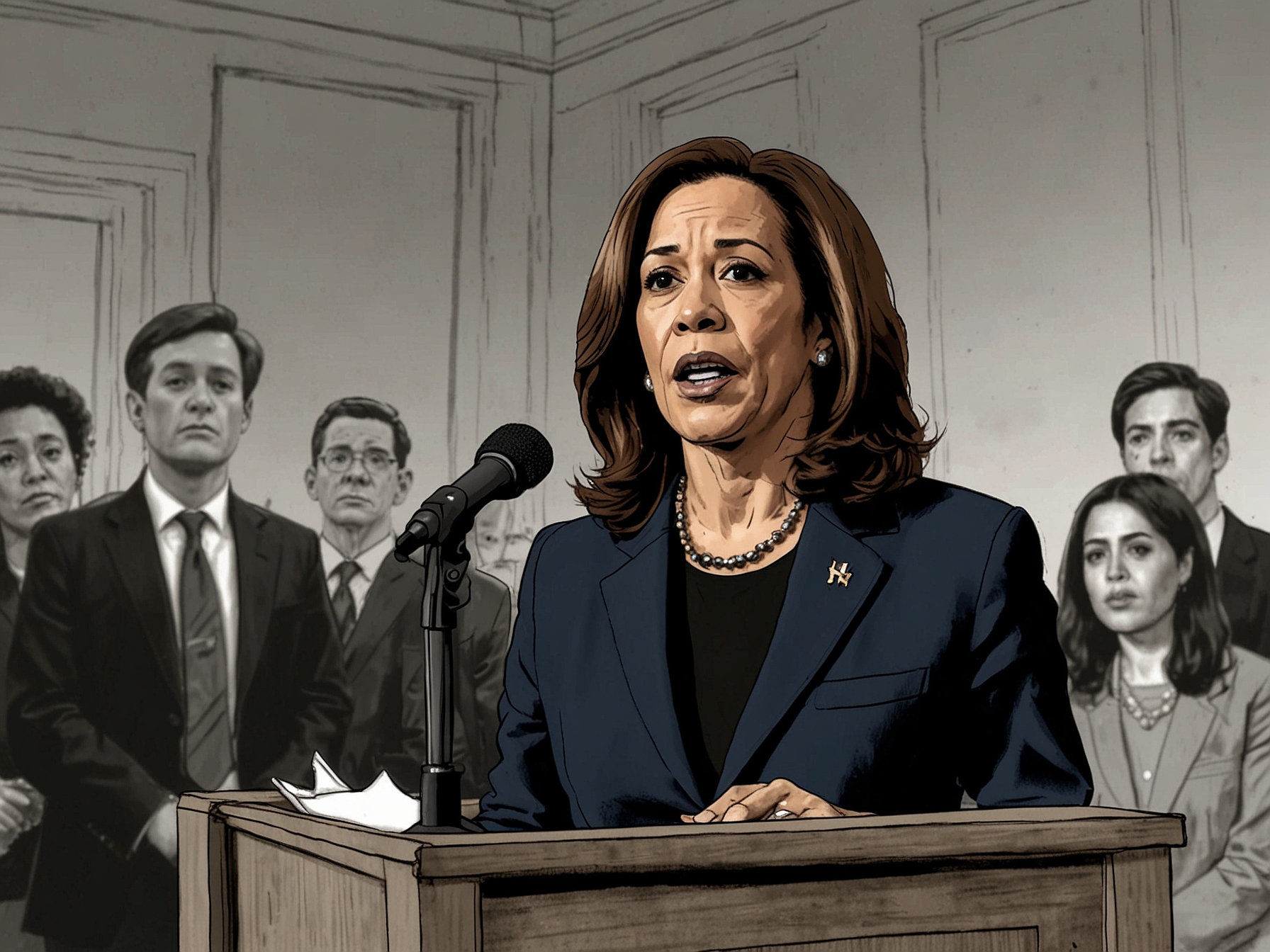 A concerned Kamala Harris speaking at a podium, with journalists capturing the moment, reflecting the tension and scrutiny during her apology tour.