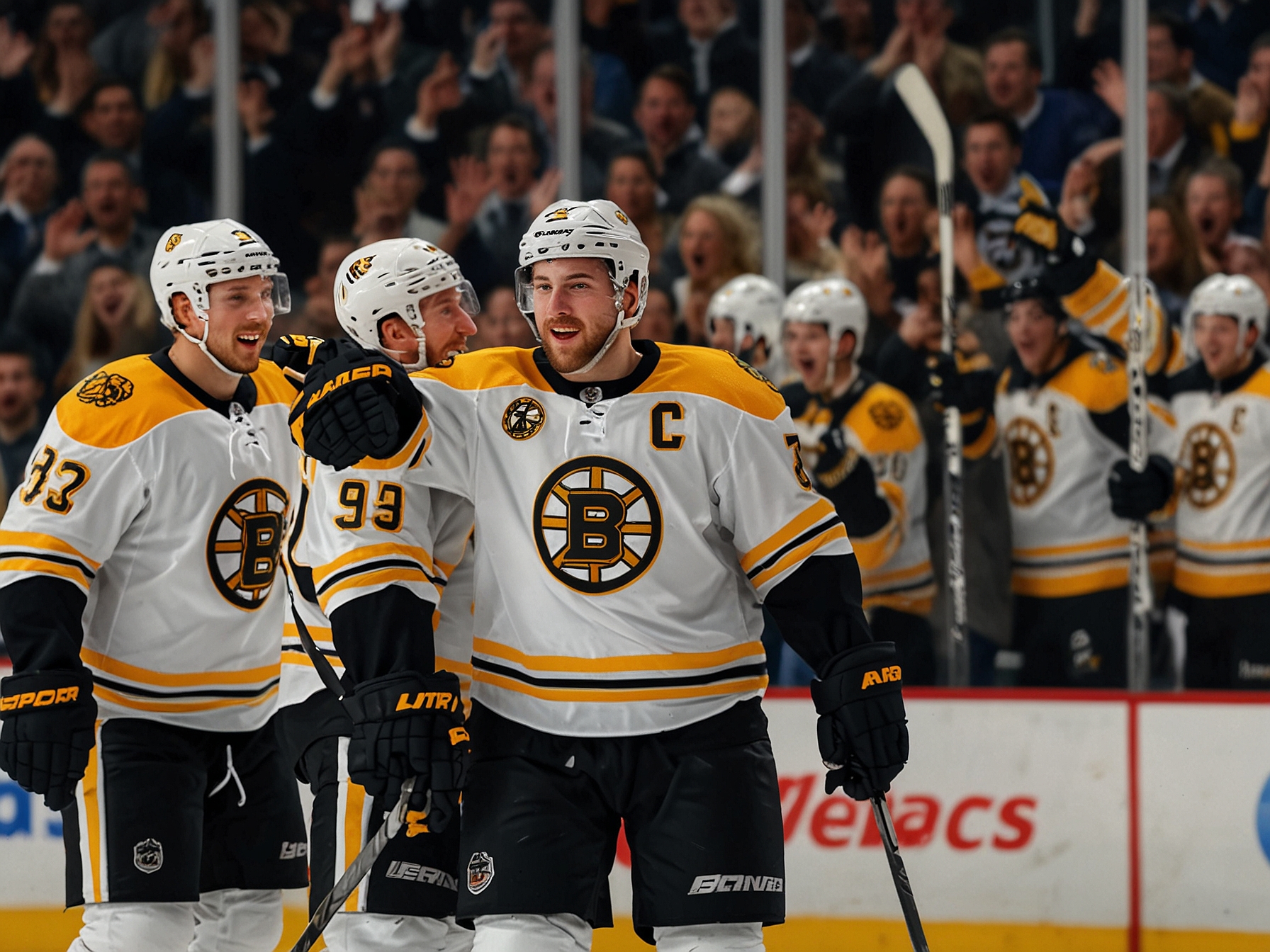 Brock Nelson of the Islanders scoring one of his two goals, with Boston Bruins players in action trying to defend, showcasing the intensity of the gameplay during the high-stakes matchup.