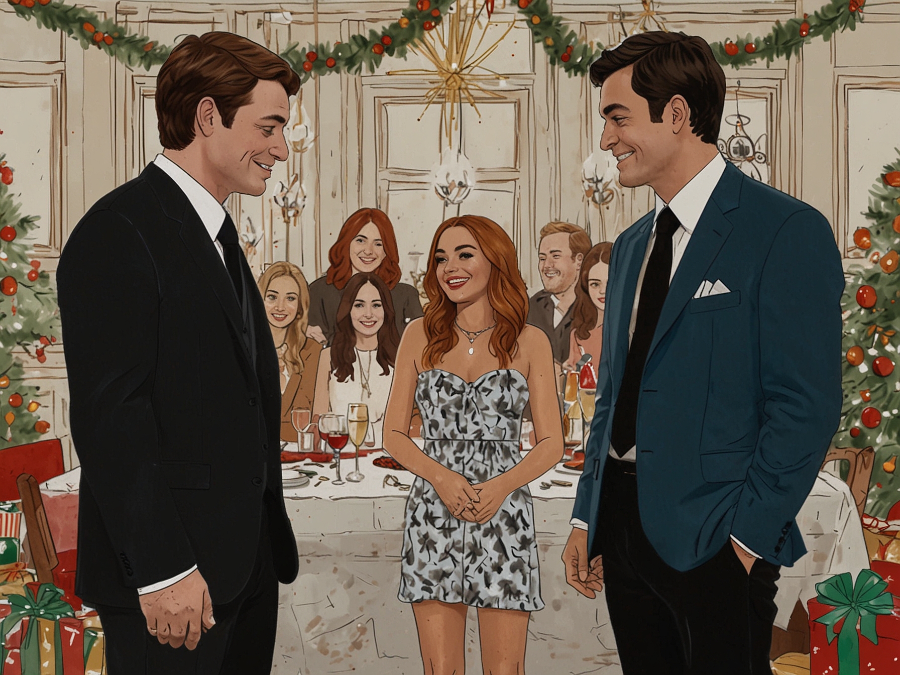 A scene from 'Our Little Secret' featuring Lindsay Lohan smiling awkwardly as she bumps into her ex-boyfriend at a holiday gathering, Christmas decorations in the background.