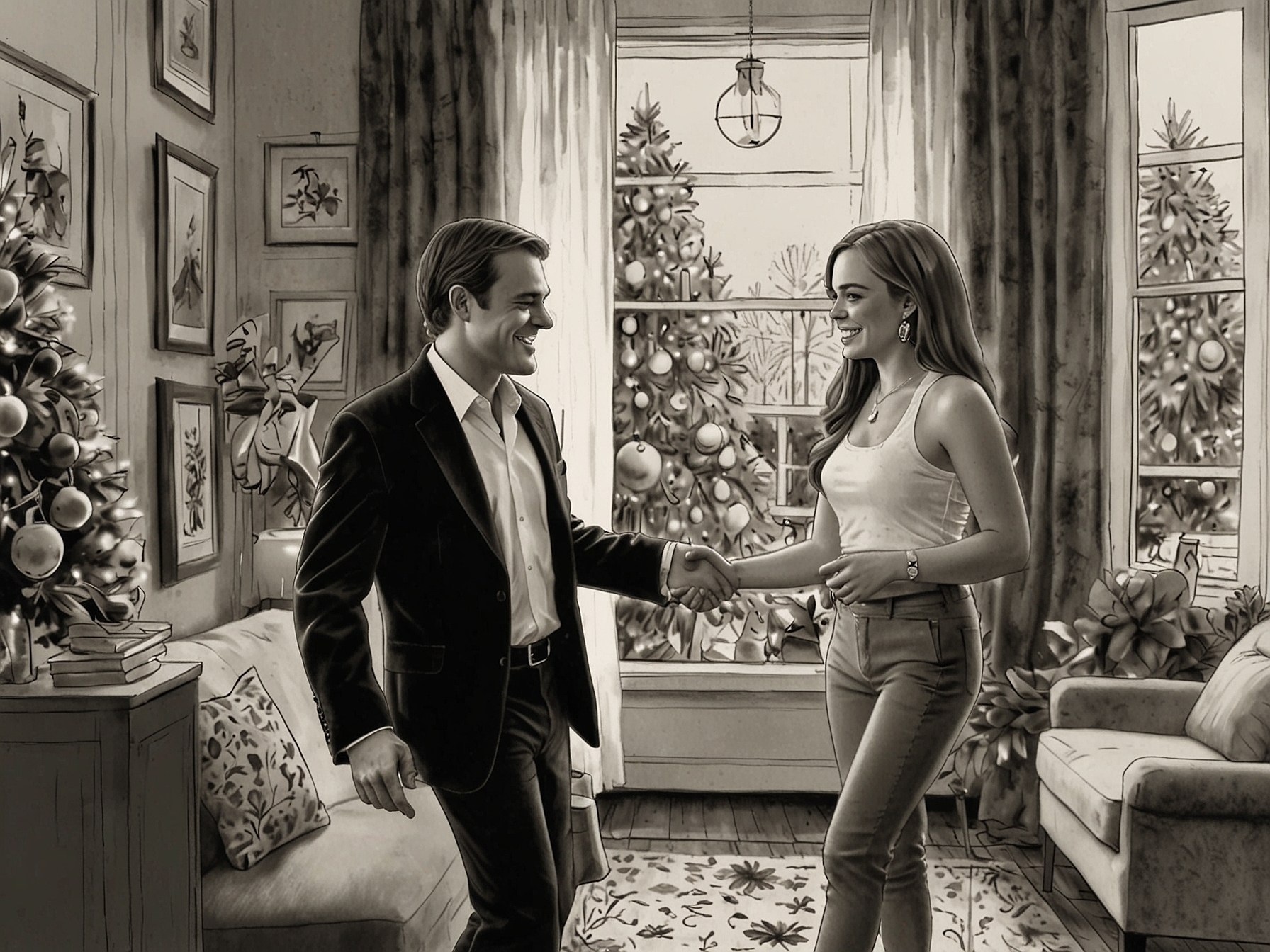 Lindsay Lohan surrounded by her boyfriend's family at a festive holiday dinner, showcasing the comedic tension of an unexpected reunion with an ex.