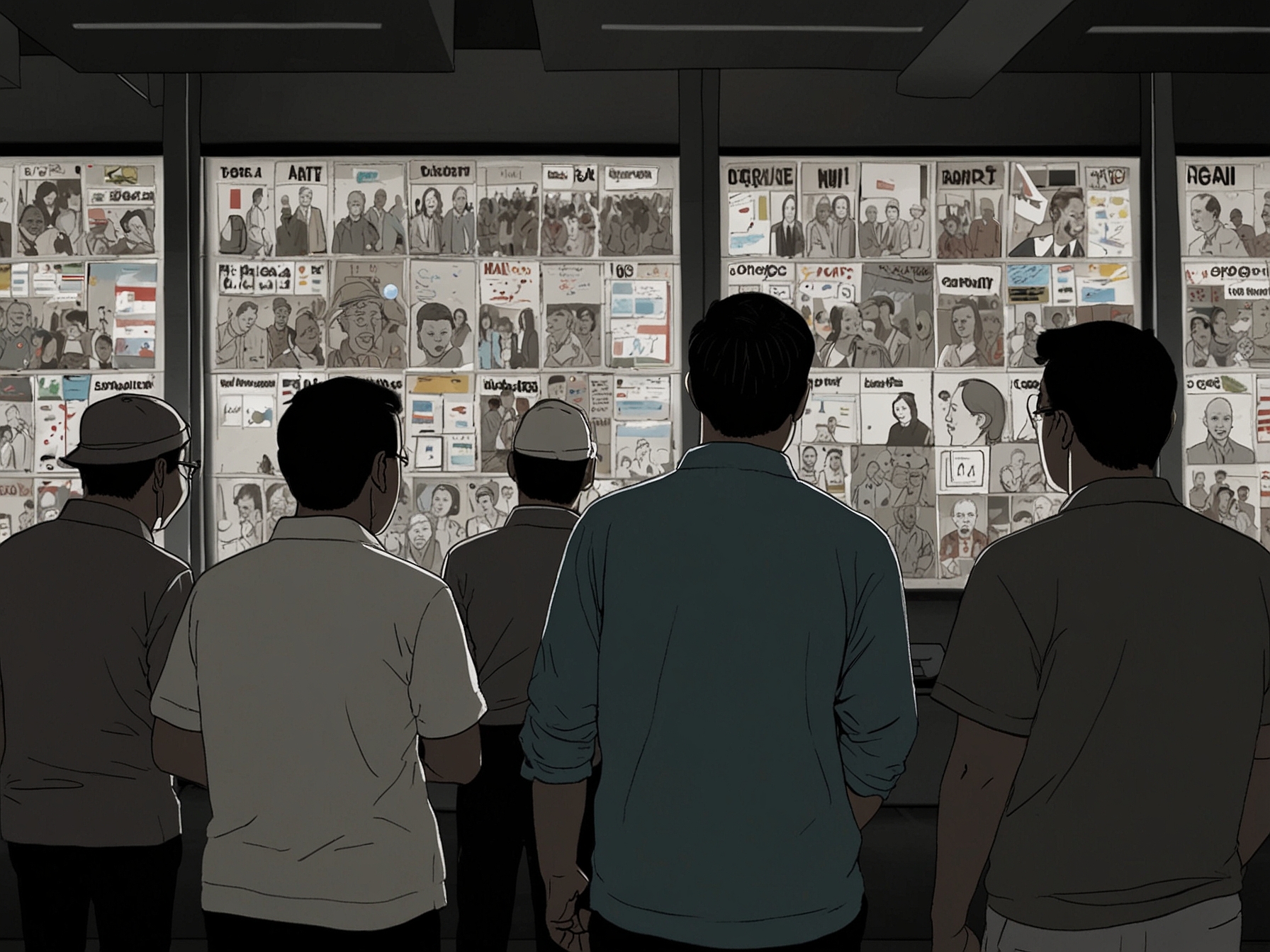 A group of anxious Indonesian citizens gathered around a large digital display board displaying election updates, their expressions reflecting a mix of hope and uncertainty as they await results.