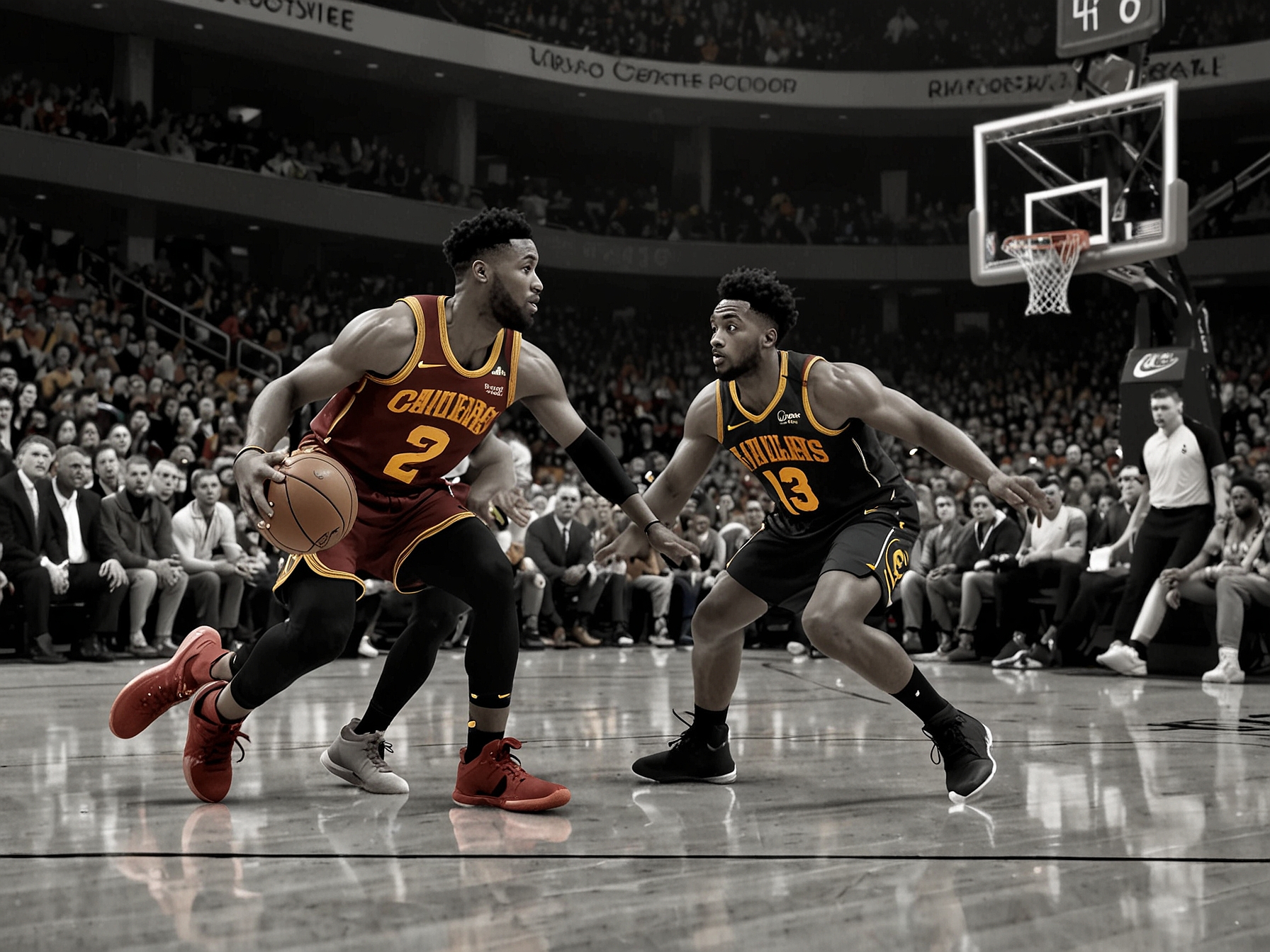 An action-packed scene of the Hawks and Cavaliers in a tense game, showing Dyson Daniels stealing the ball in a defensive effort against Donovan Mitchell, with fans cheering in the background.