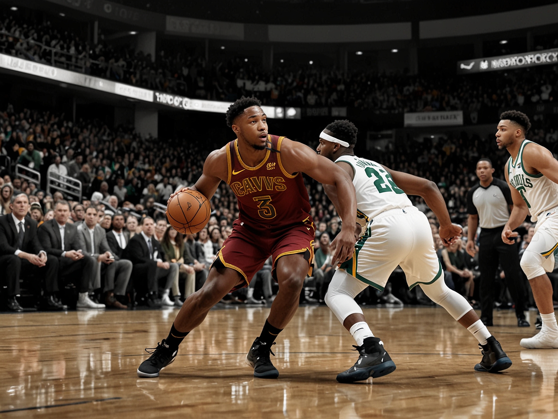 The scoreboard reflects a close game between the Hawks and Cavaliers, highlighting the intensity of the NBA Cup competition with both teams showcasing their skills.