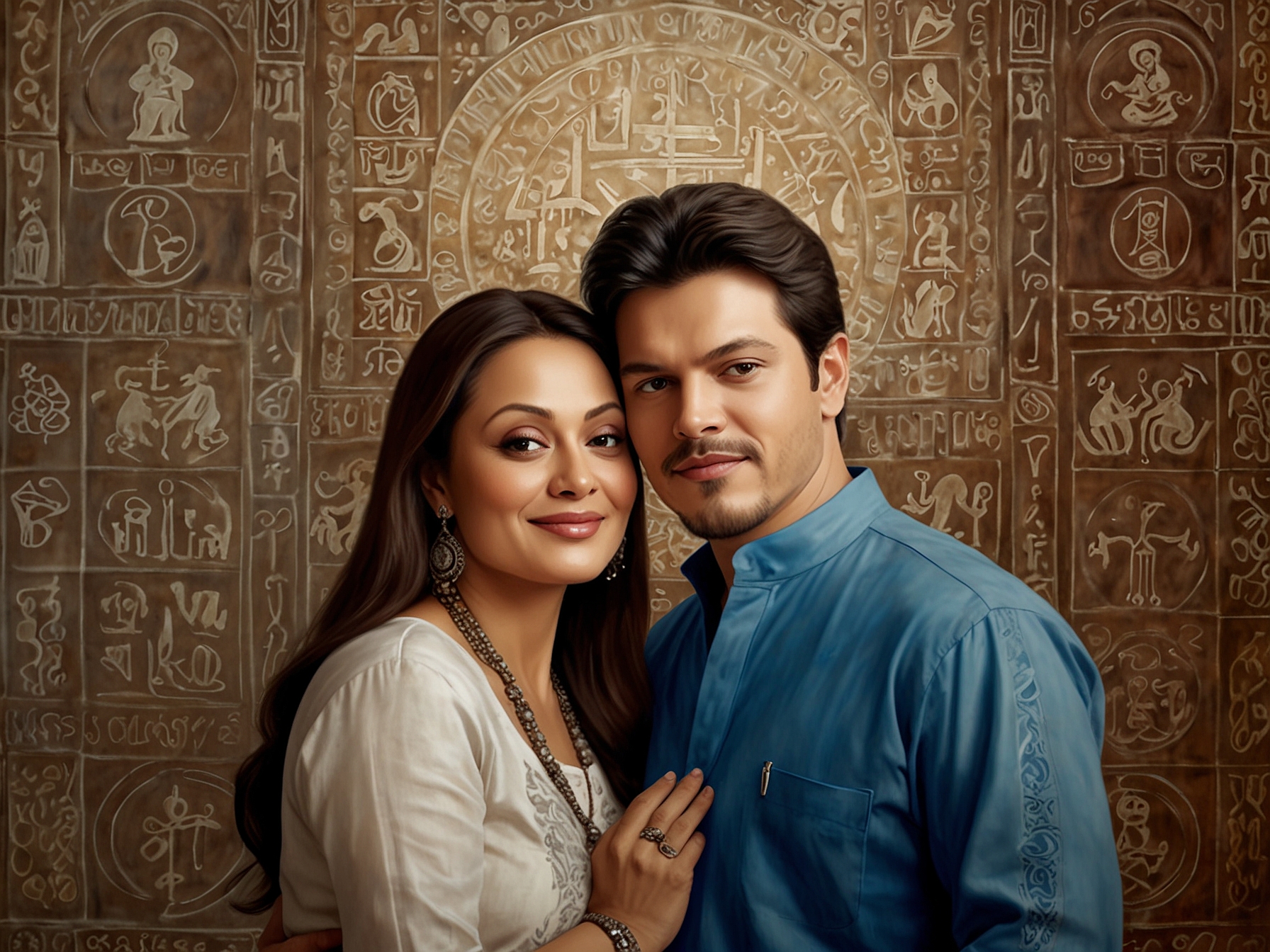 A serene scene of Aditya Pancholi and Zarina Wahab in a harmonious setting, surrounded by symbols of different faiths, representing their blended cultural practices.