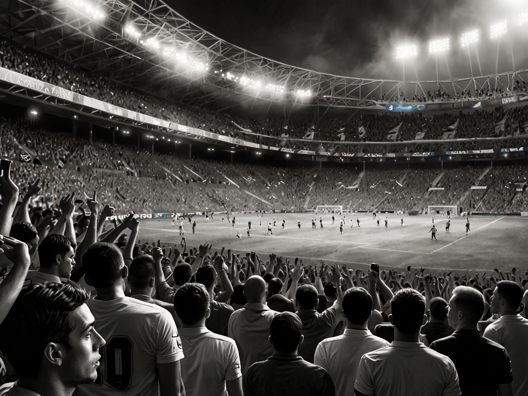 A tense moment captured during a Liga MX match, with players from Tijuana and Cruz Azul vying for position as fans cheer passionately in the stands.