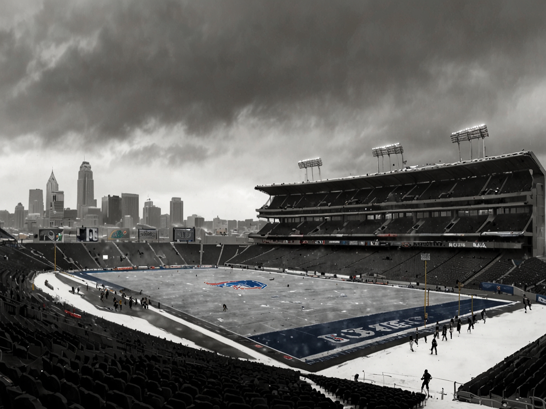 A panoramic view of Highmark Stadium covered in snow, with players practicing under gray skies, showcasing the harsh winter conditions expected for the Bills vs. 49ers matchup.