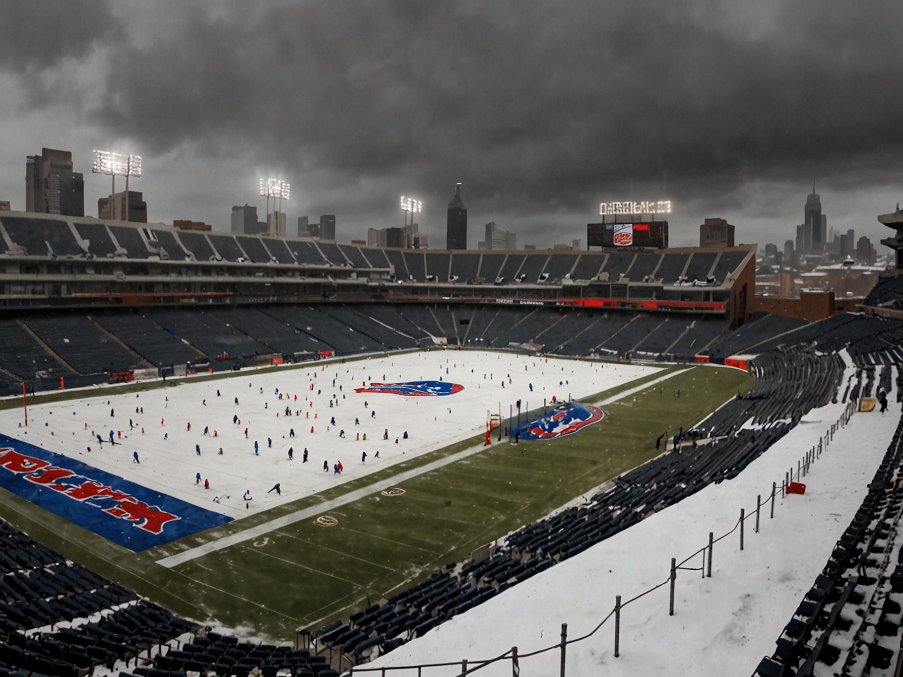 A collage of snowy game highlights, featuring players in snow-covered jerseys, demonstrating the thrilling yet challenging atmosphere of winter NFL games.