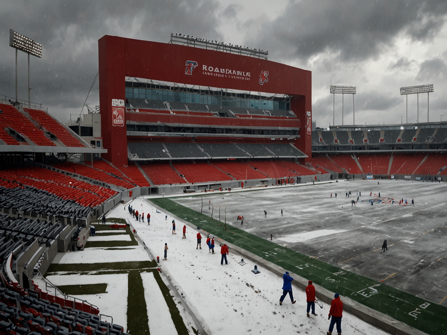 Fans in winter gear, cheering amidst swirling snowflakes while holding banners, capturing the passionate spirit of Buffalo fans braving the storm for their team.