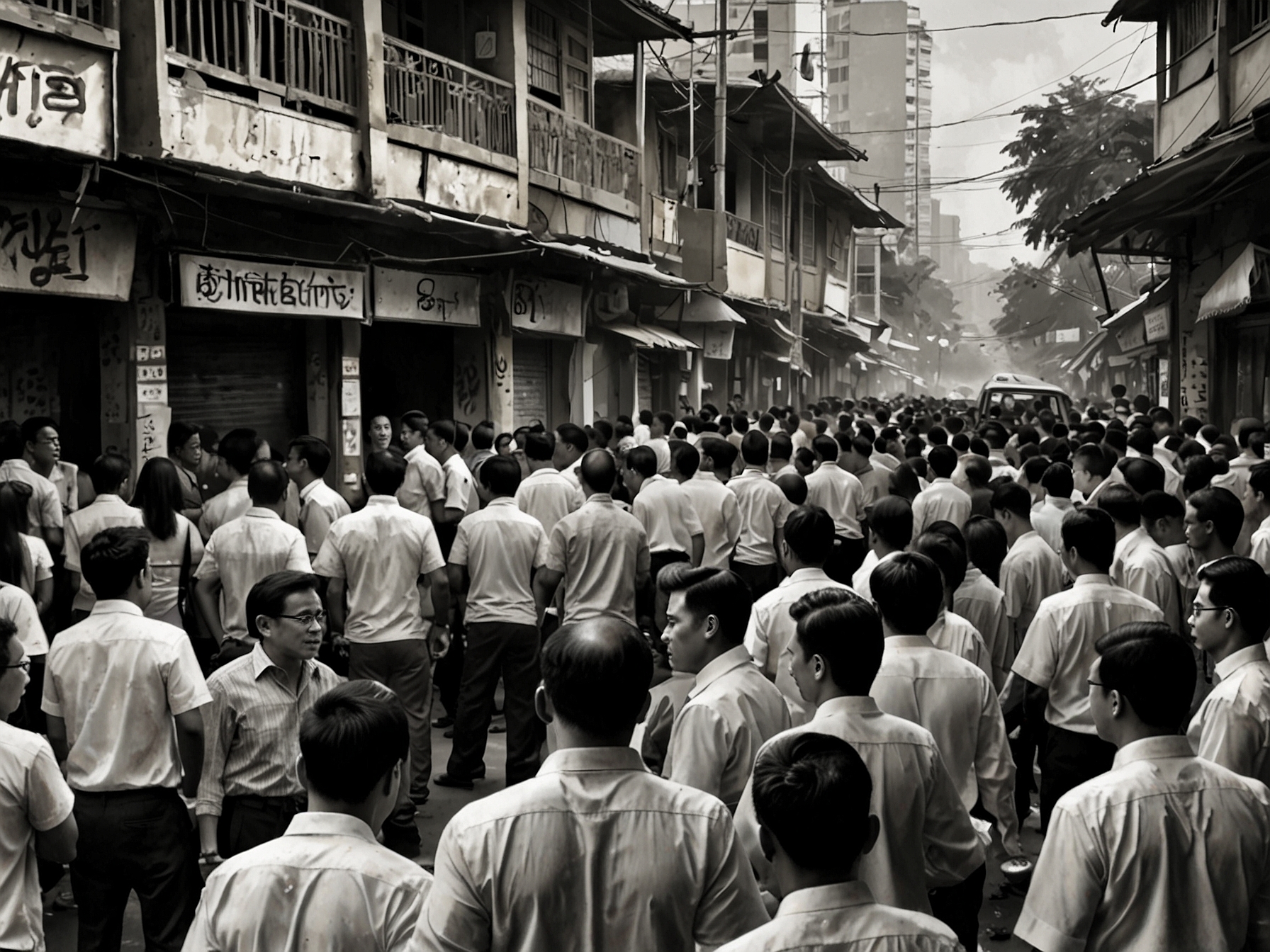A vibrant scene of Jakarta's streets filled with citizens eagerly discussing the election results, reflecting the excitement and tension surrounding Pram-Doel's victory as they await the official tally.
