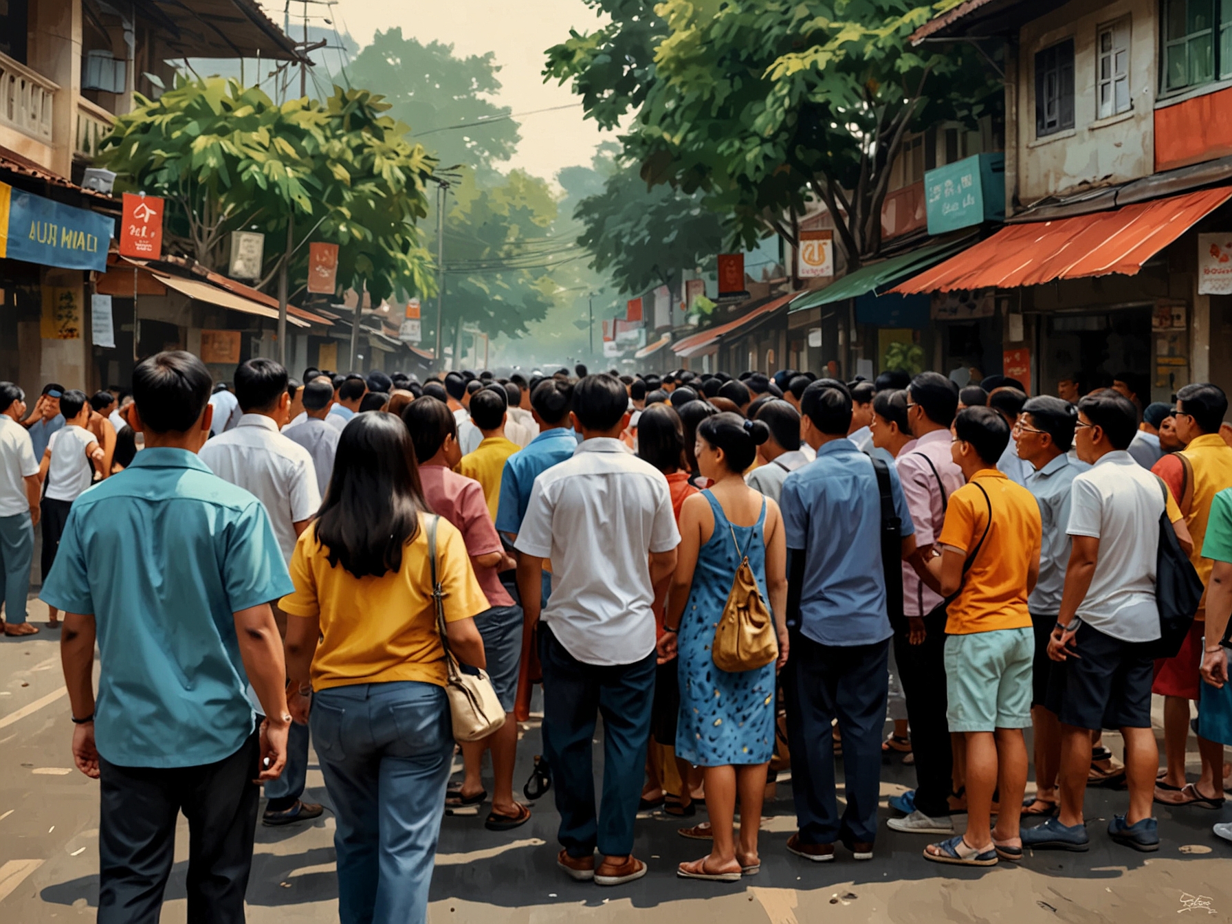 An image showcasing a polling booth in Jakarta, with voters casting their ballots and displaying diverse expressions of hope and anticipation for the future leadership of Pram-Doel.