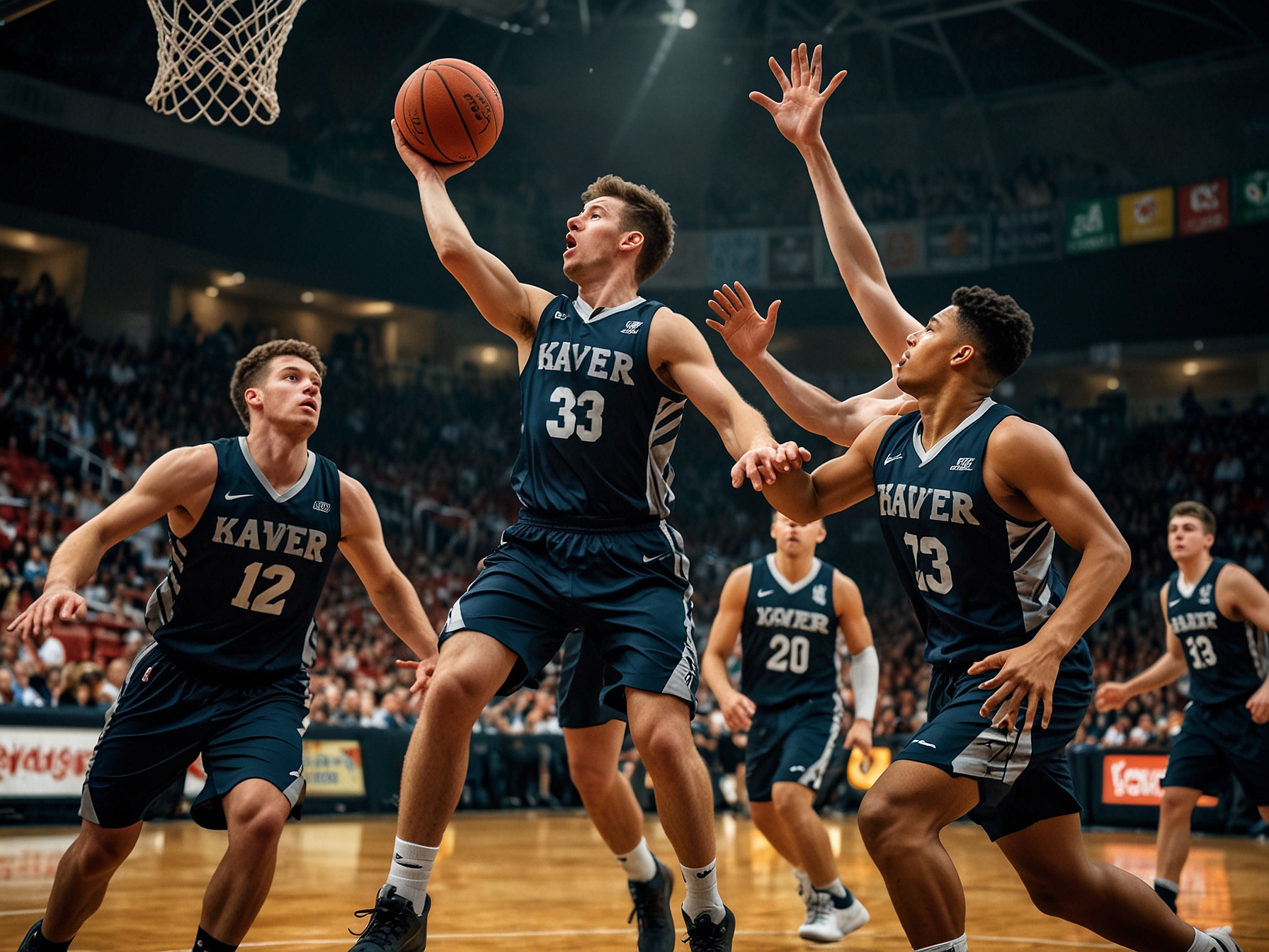 An action shot of Danny Wolf driving to the basket amidst Xavier defenders, showcasing the intense atmosphere of the Fort Myers Tip-Off championship game.