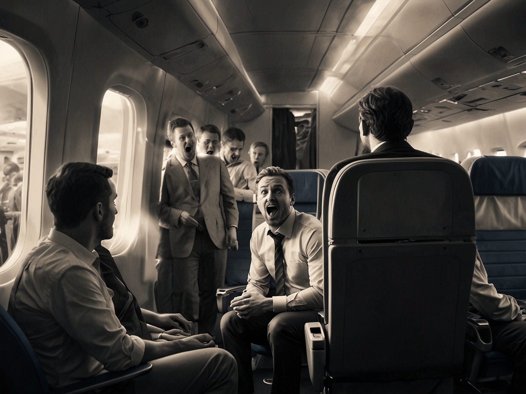 A chaotic scene inside an airplane cabin where a man is standing on a seat, surrounded by shocked passengers watching the unfolding incident.