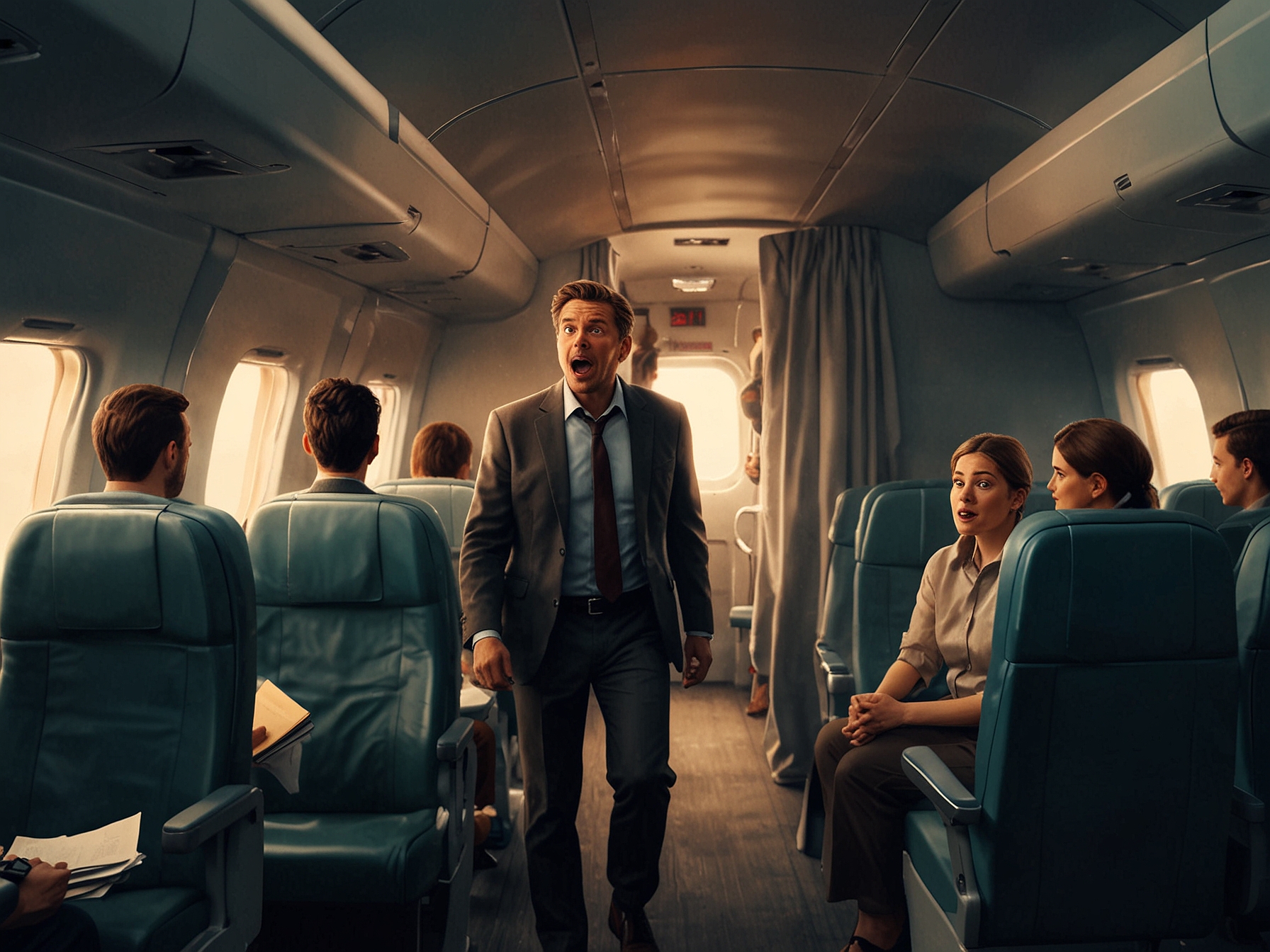 A close-up view of an airplane's interior, displaying a passenger being restrained in their seat while others look on in disbelief.