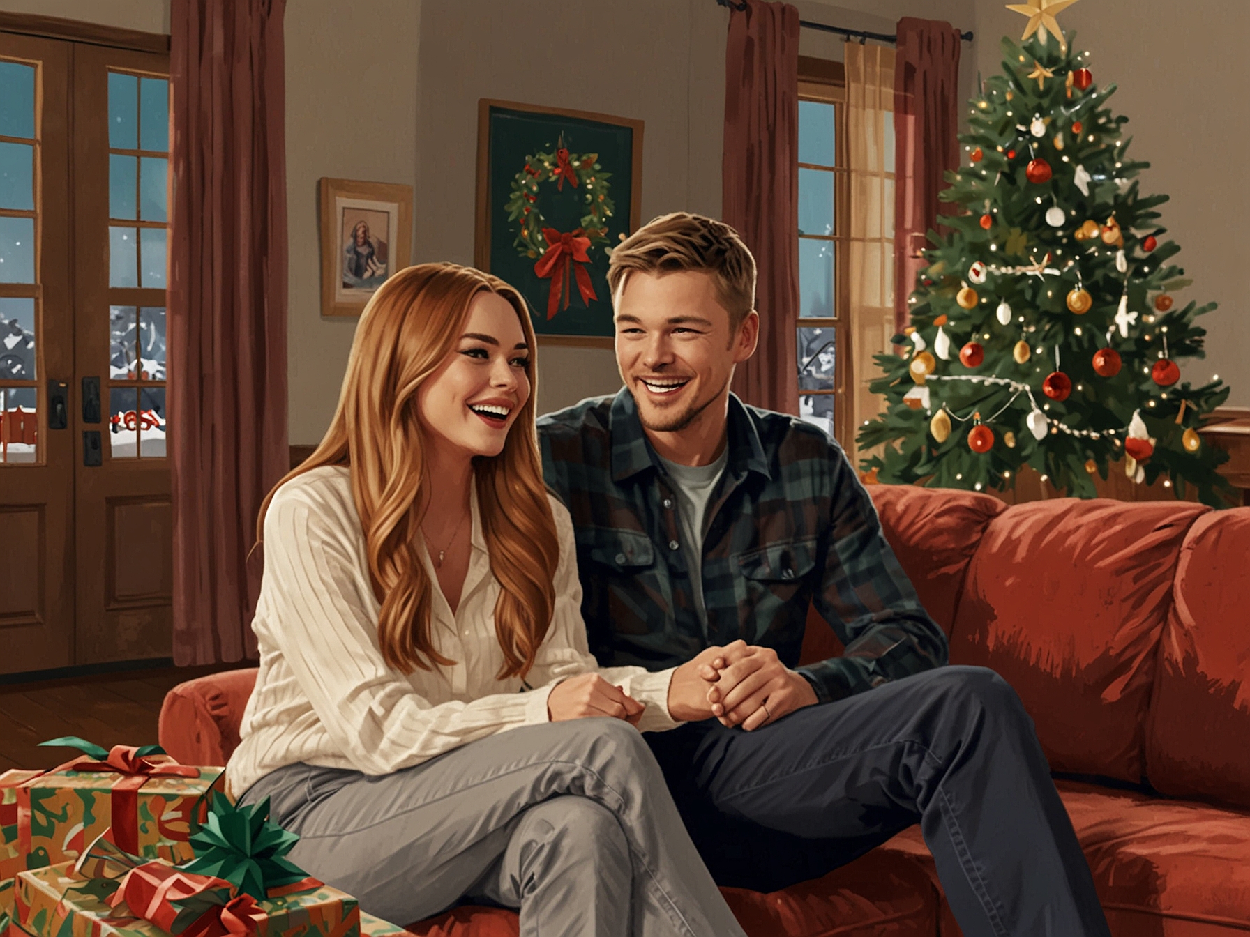 A festive scene showcasing Lindsay Lohan and Chad Michael Murray sharing a laugh in a cozy, decorated living room, embodying the holiday spirit and playful chemistry of their characters.