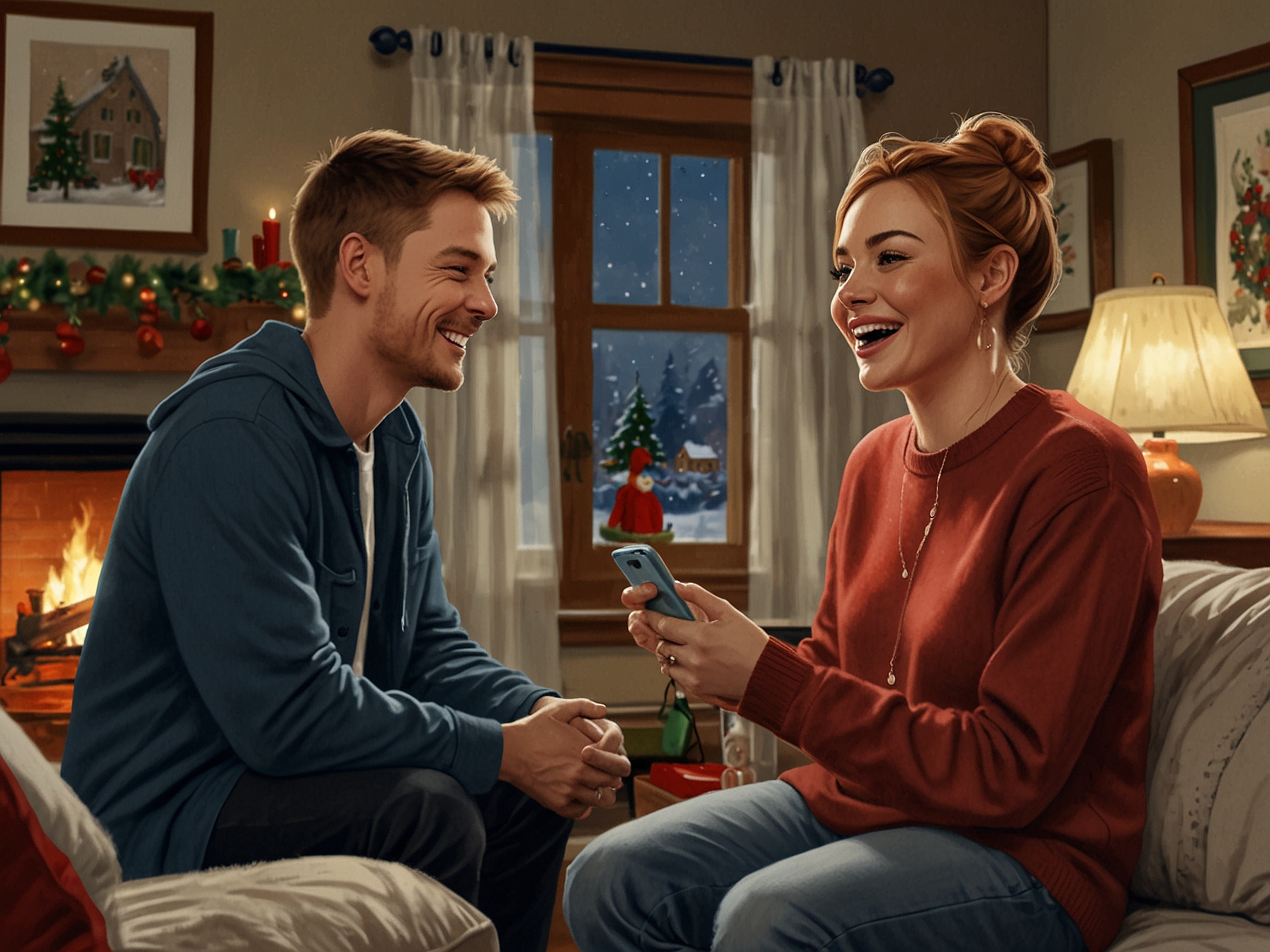Lindsay Lohan and Ian Harding reflecting on their past together, seated on a couch with nostalgic music notes floating around, symbolizing their emotional journey during the holidays.