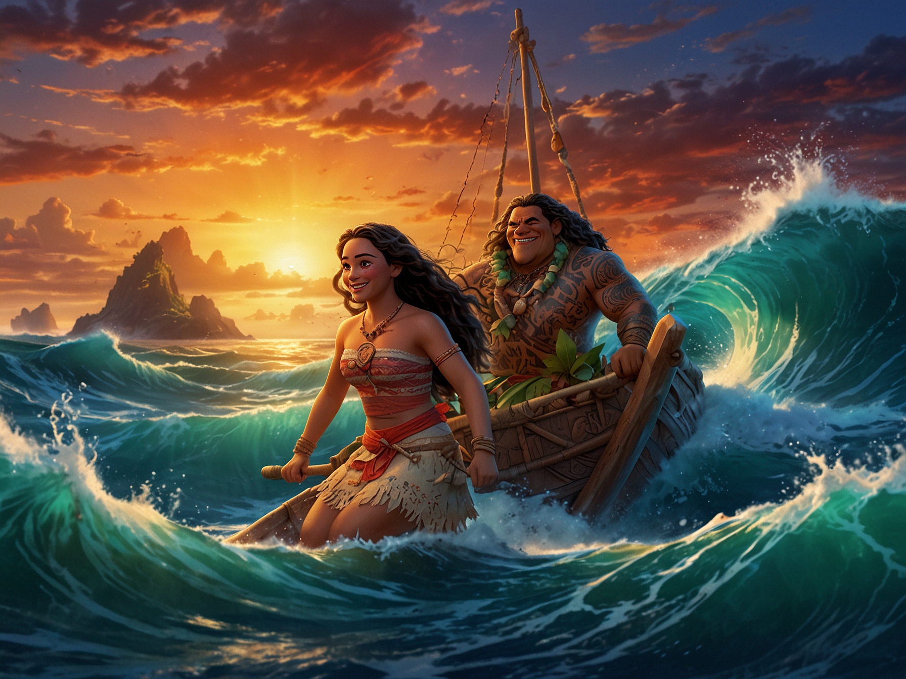 A vibrant promotional poster of 'Moana 2', featuring Moana and Maui sailing through sparkling ocean waves under a colorful sunset, capturing the spirit of adventure and nostalgia.
