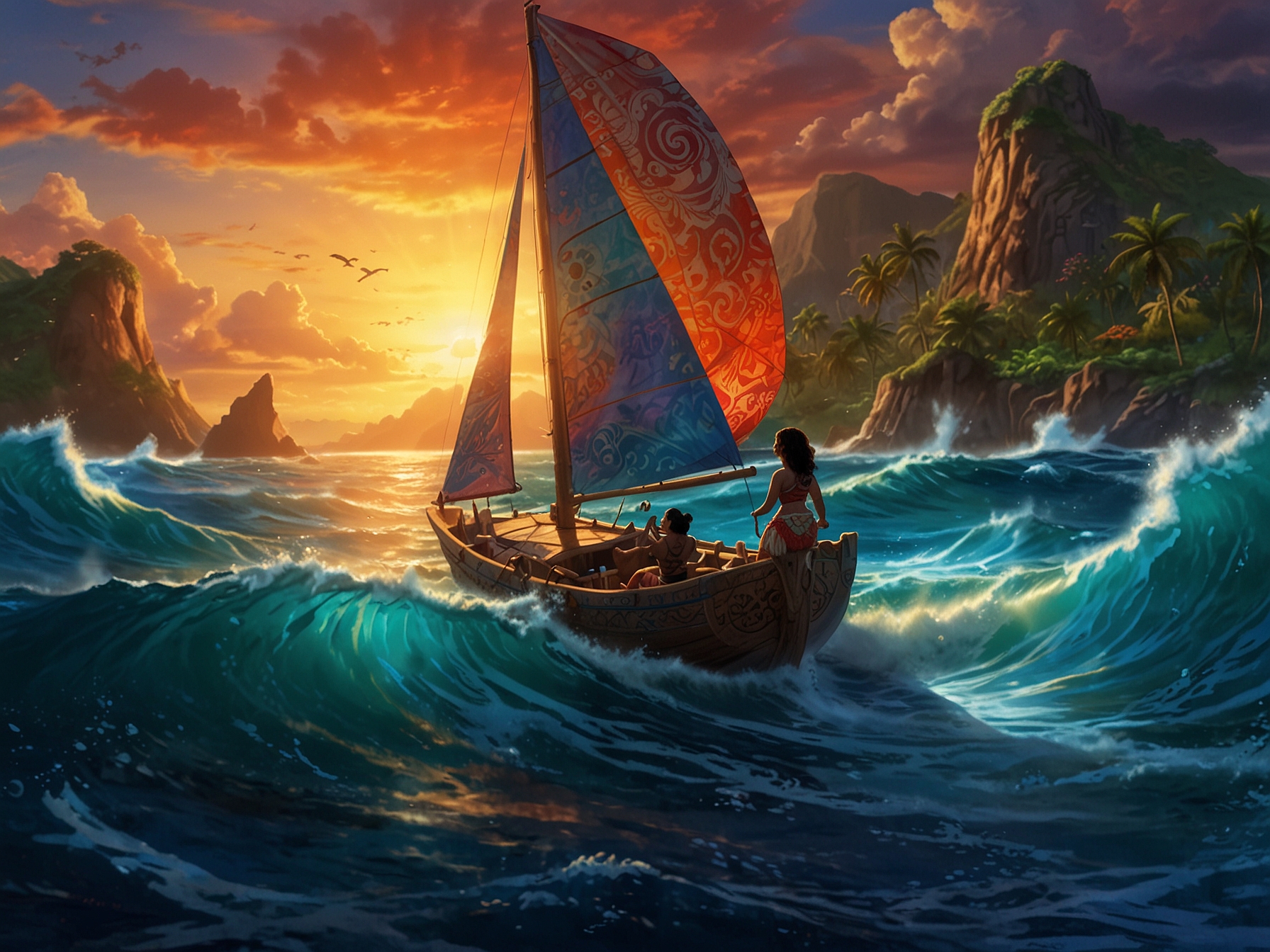 An excited family walking into a movie theater with 'Moana 2' posters, reflecting anticipation and joy for the film's release this Thanksgiving season.